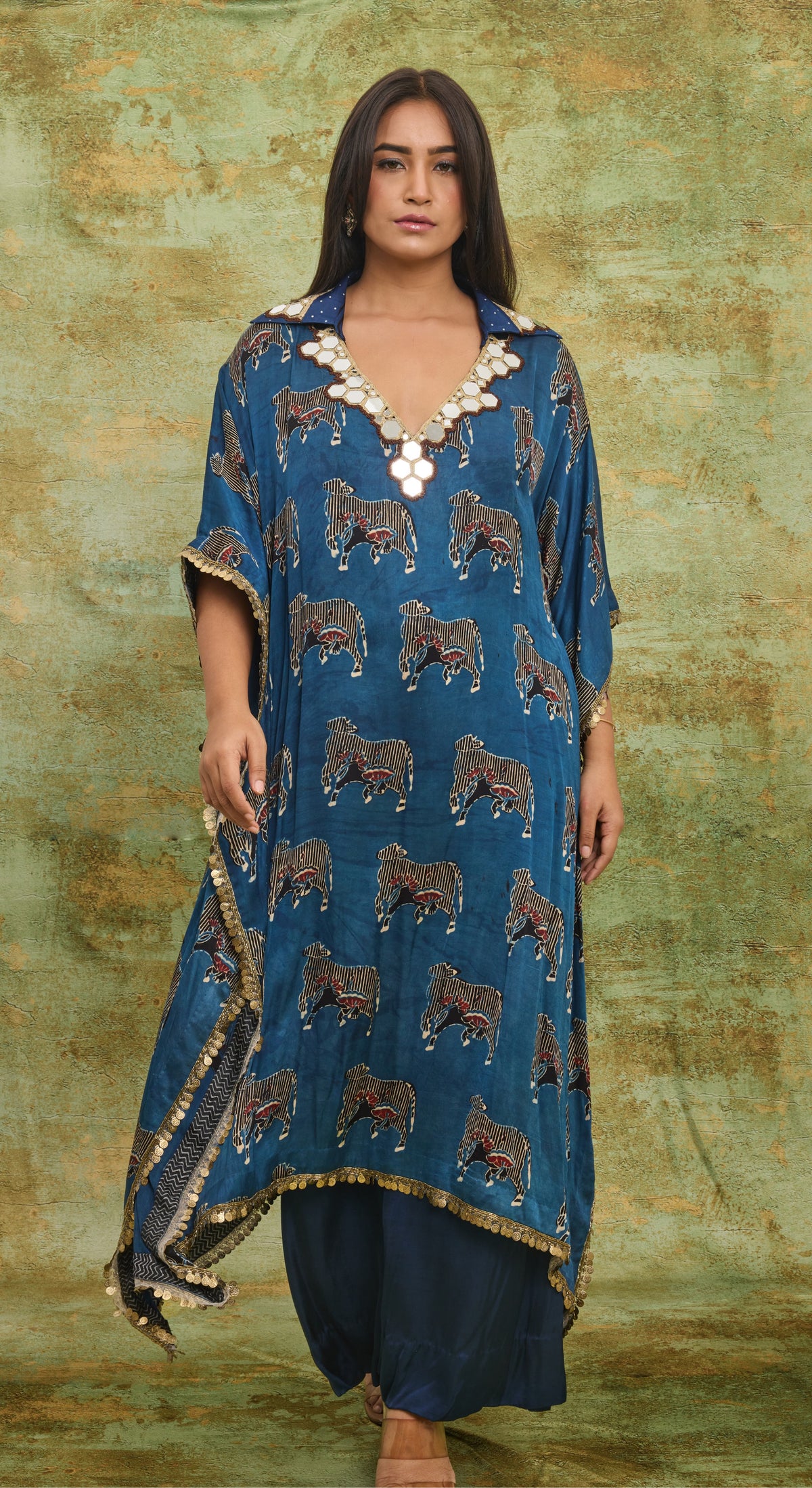 Indigo Ajrakh Cow print Kaftan Set