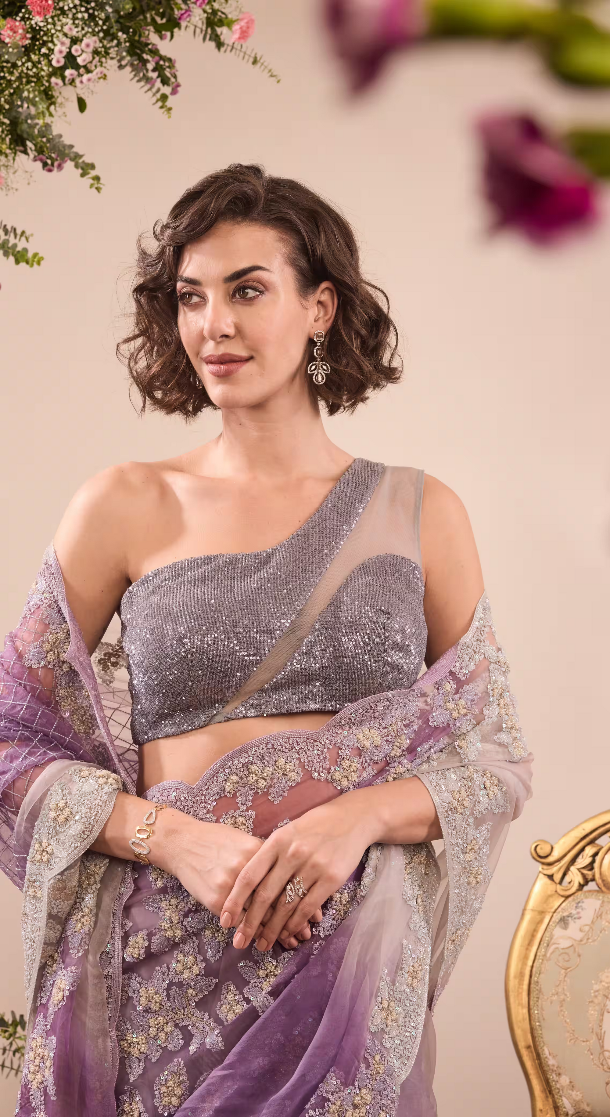 Lavender Sequin Embellished Net Saree with Shimmery Blouse