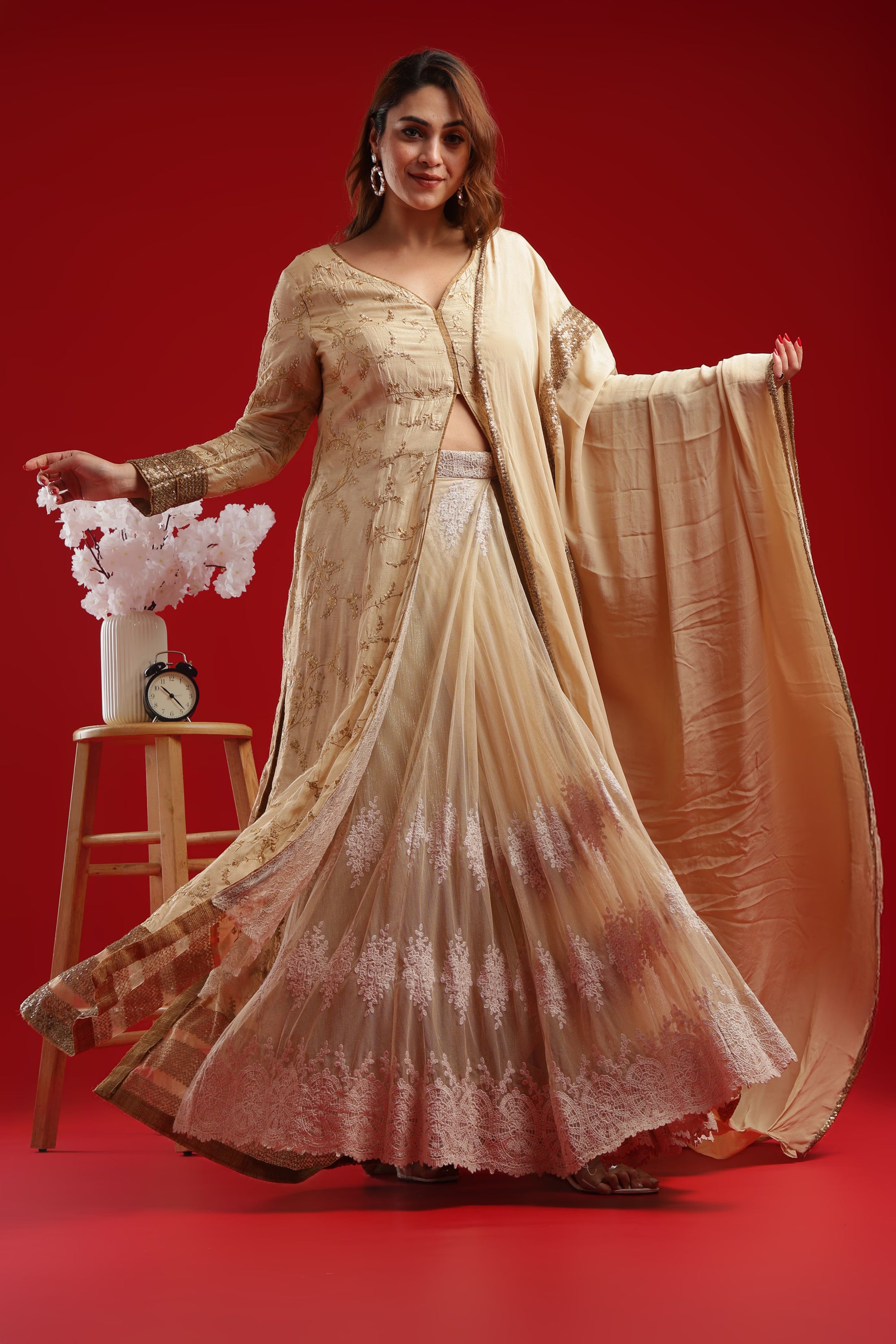 Champagne Gold Embroidered Lehenga Set with Long Jacket