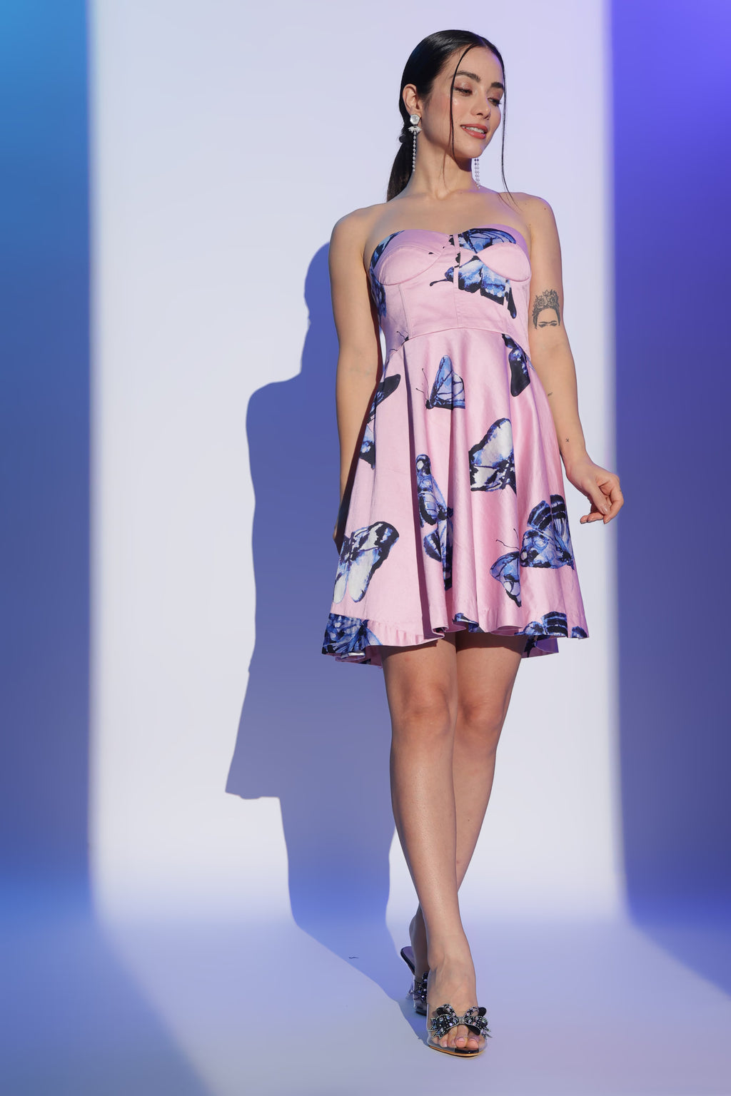 Pink Butterfly Print Strapless Dress