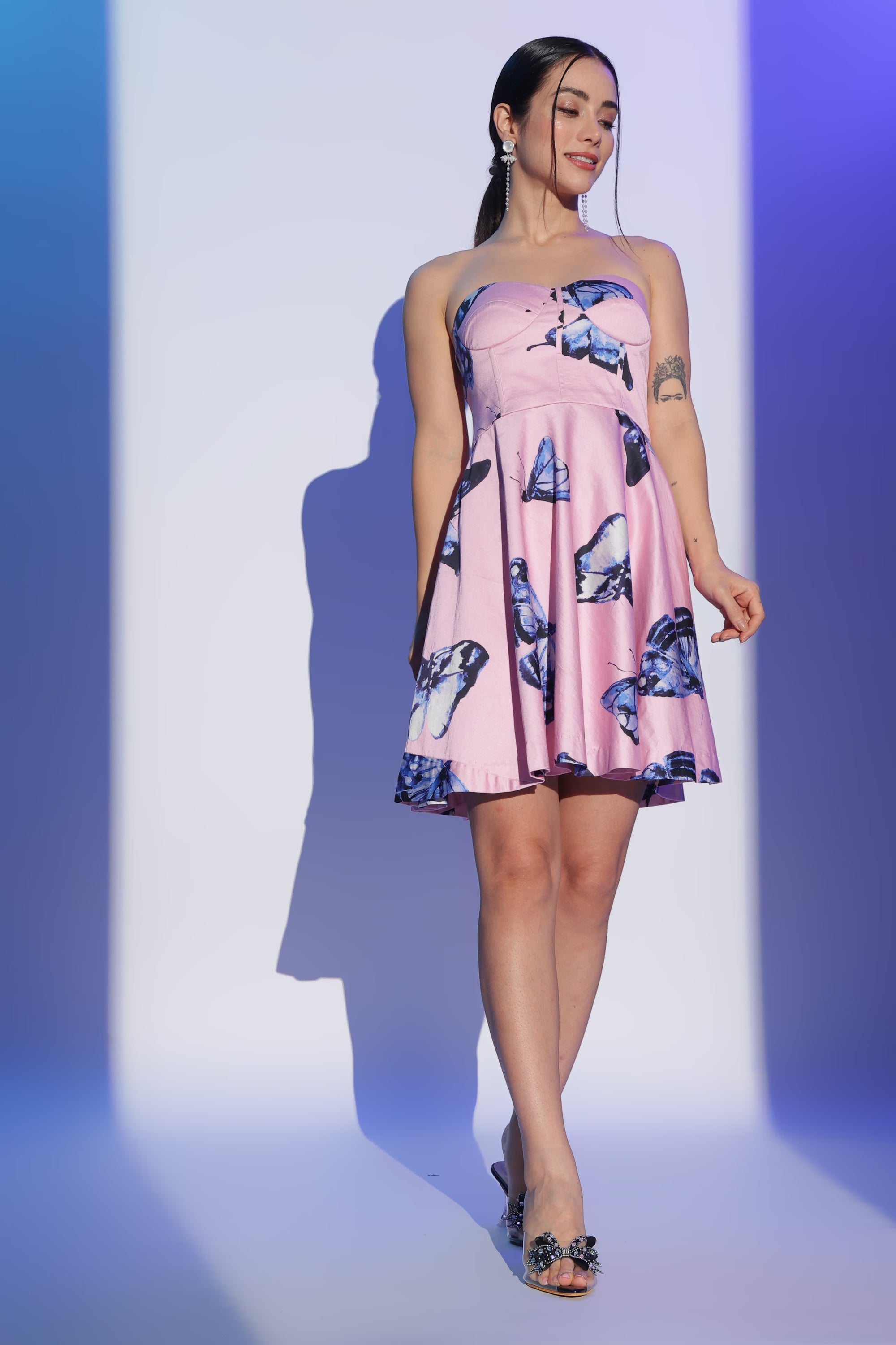 Pink Butterfly Print Strapless Dress