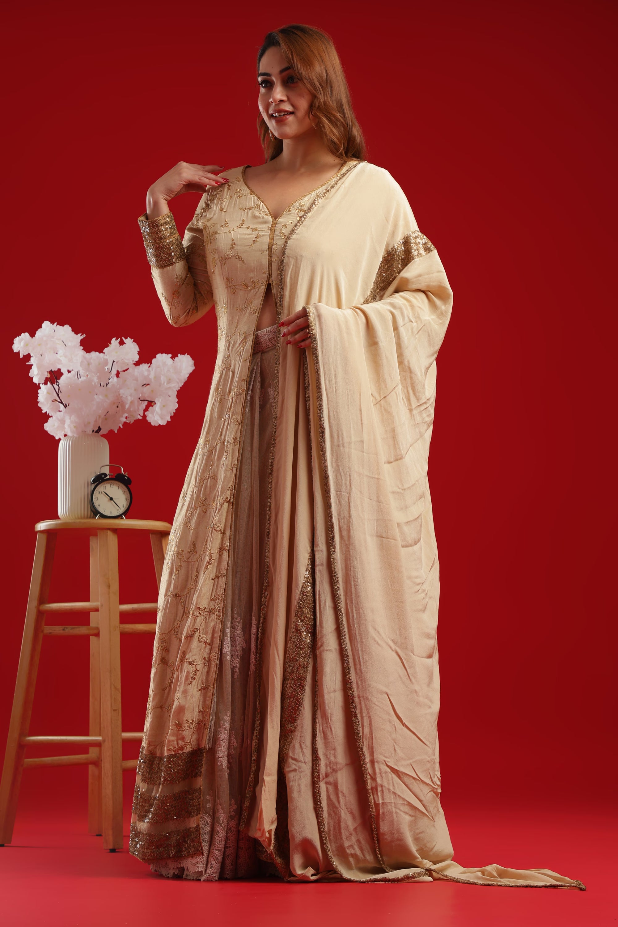 Champagne Gold Embroidered Lehenga Set with Long Jacket