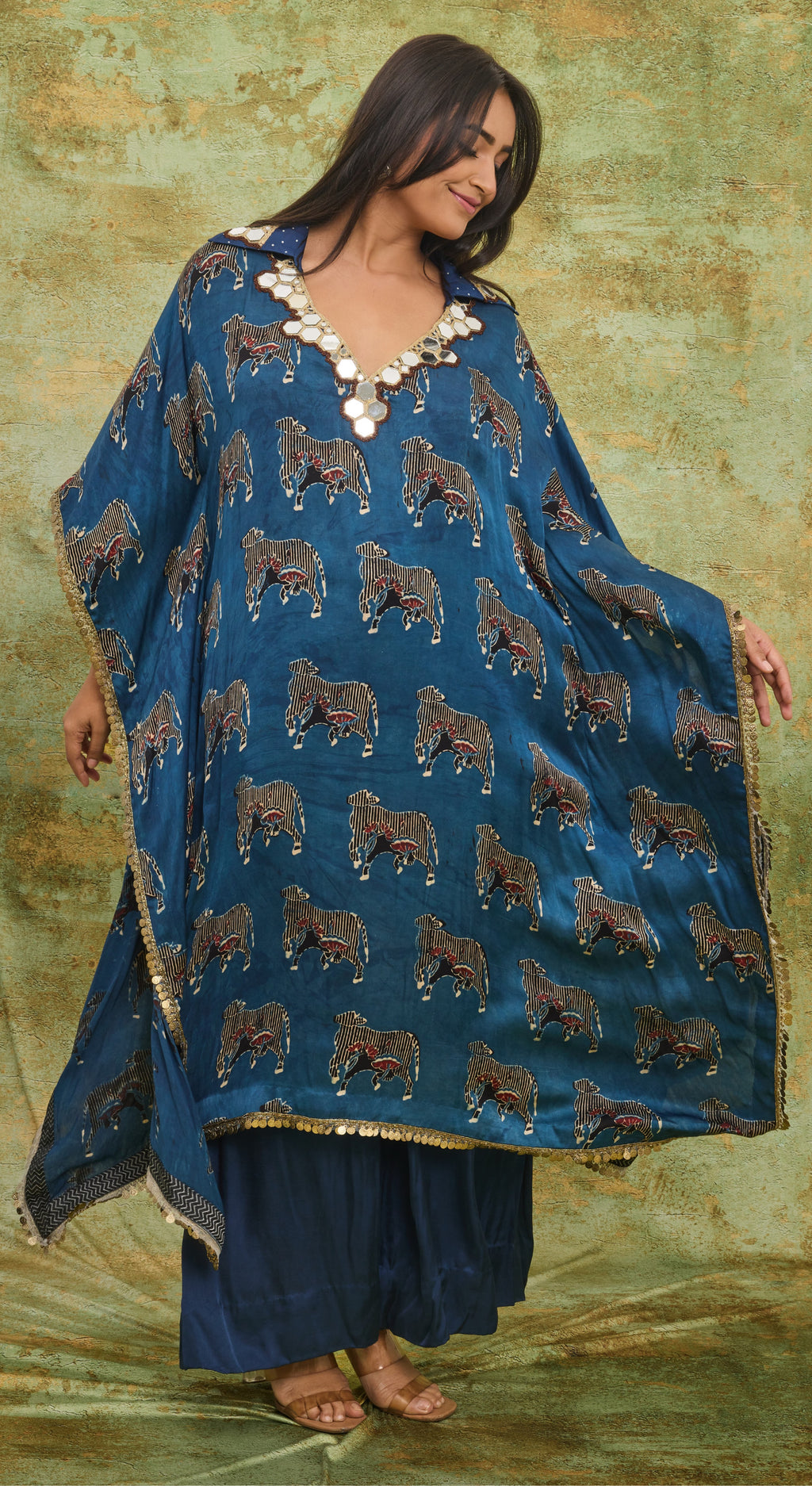 Indigo Ajrakh Cow print Kaftan Set