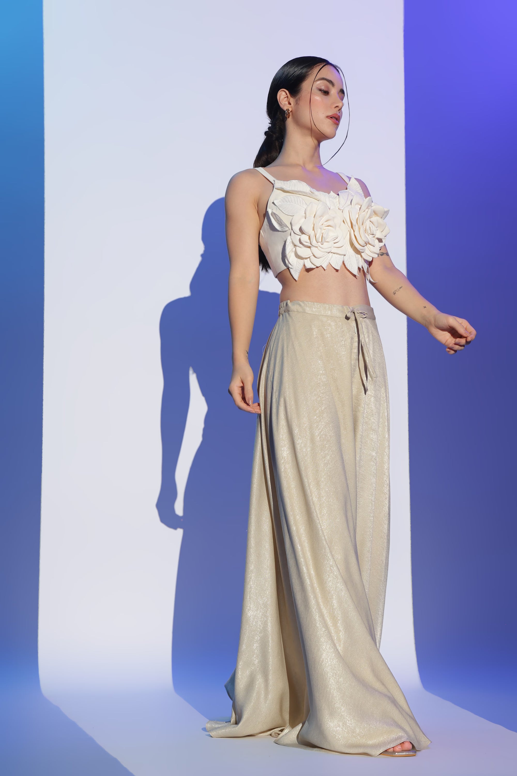 Cream 3D Floral Crop Top and Gold Palazzo
