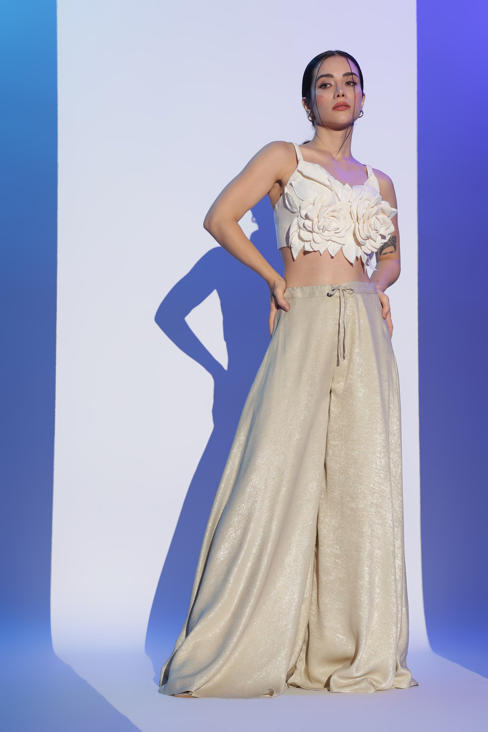 Cream 3D Floral Crop Top and Gold Palazzo