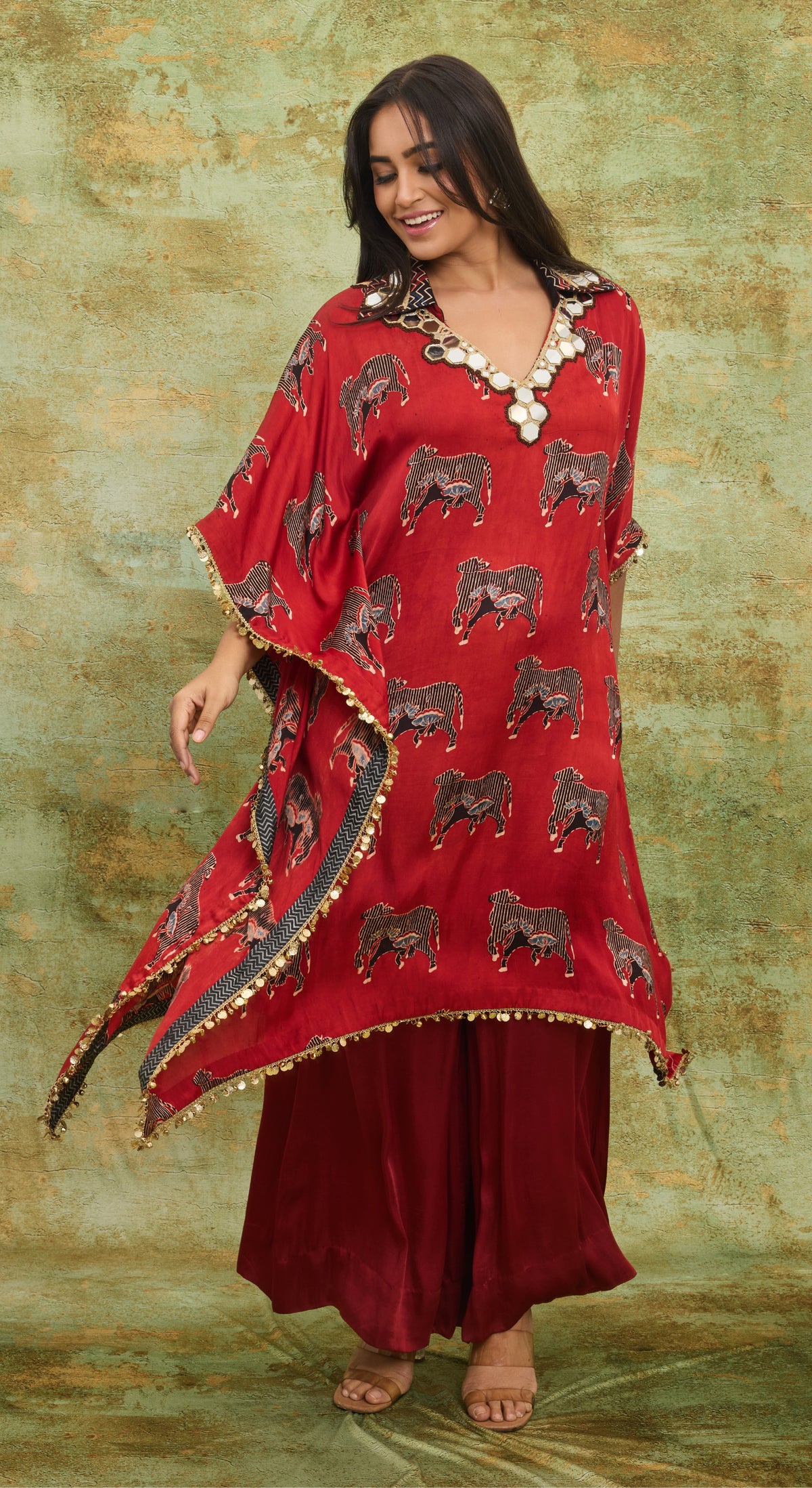 Scarlet Ajrakh Cow print Kaftan Set