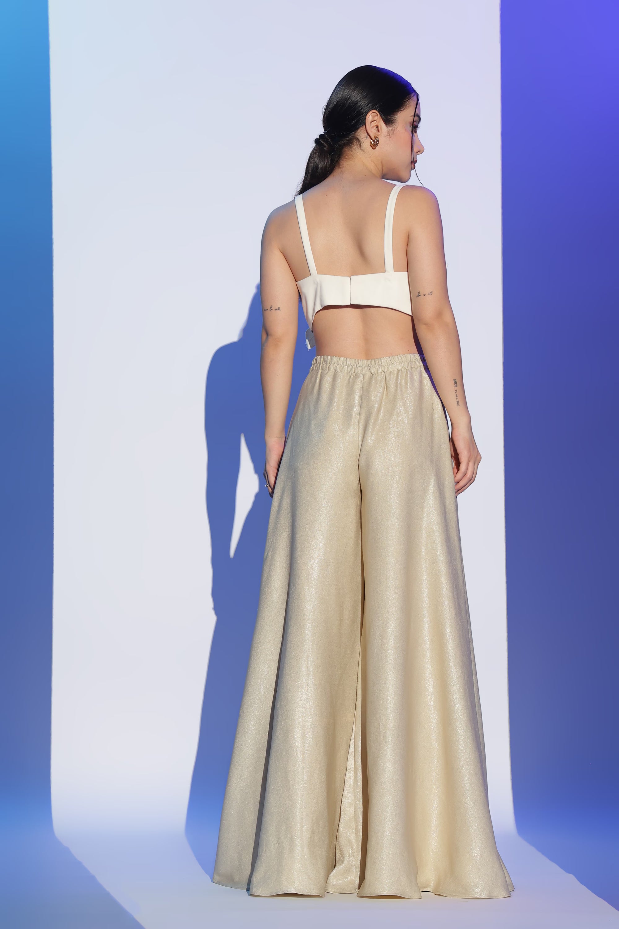 Cream 3D Floral Crop Top and Gold Palazzo