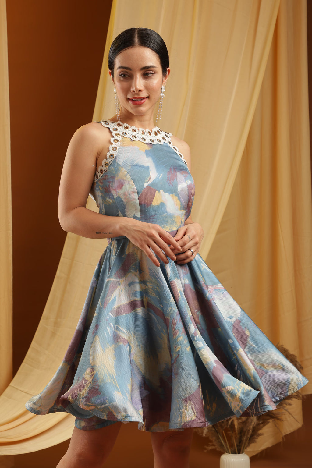 Printed Fit and Flare Dress with Lace Trims