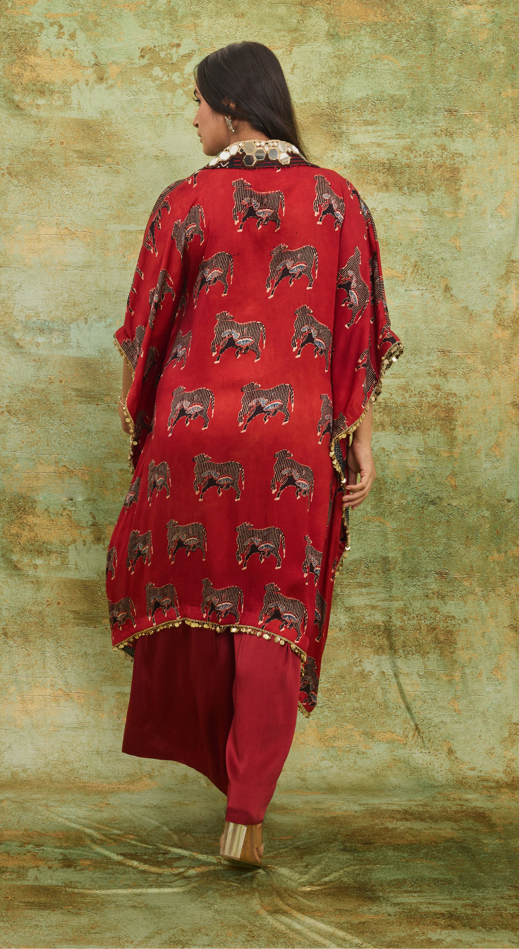 Scarlet Ajrakh Cow print Kaftan Set