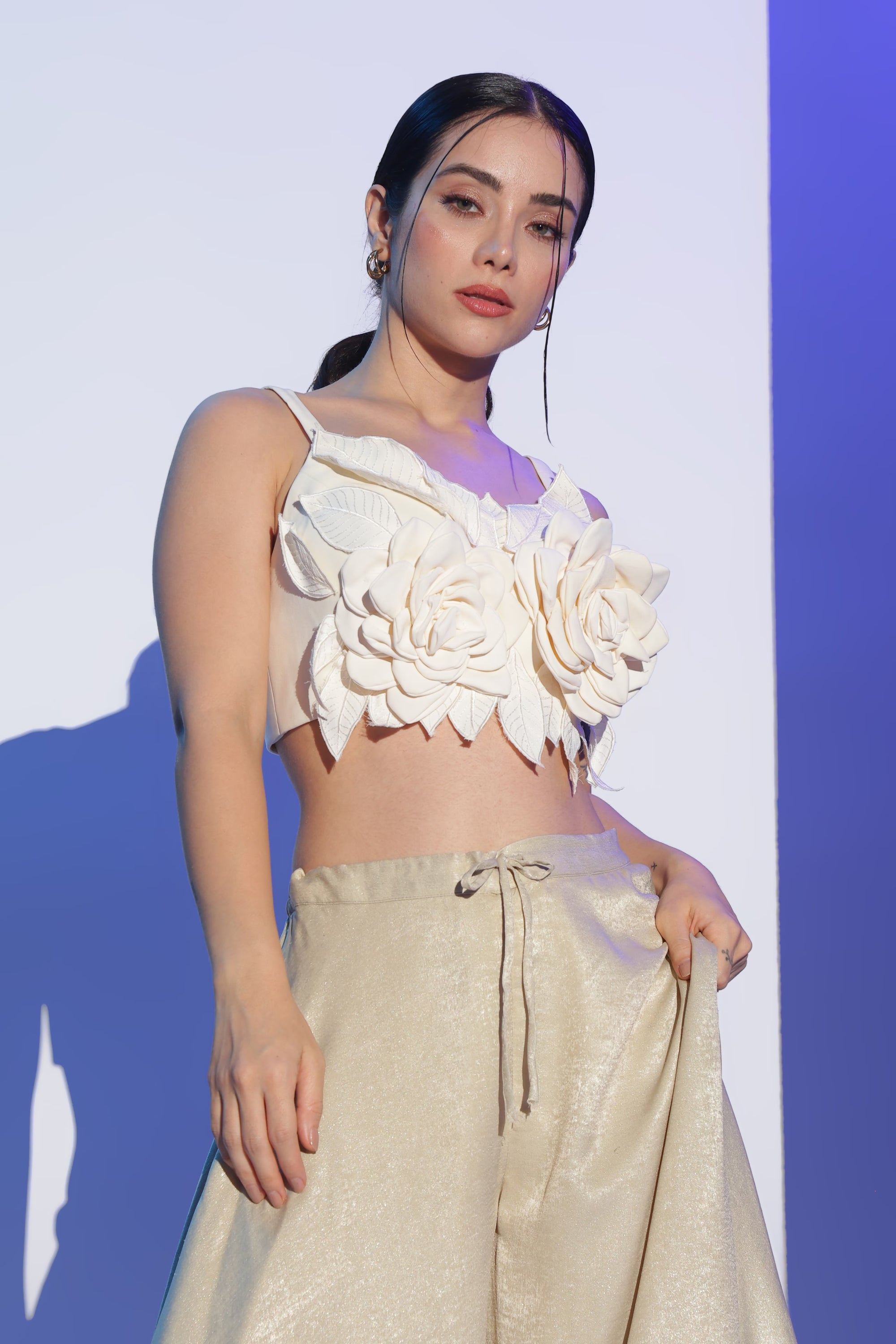 Cream 3D Floral Crop Top and Gold Palazzo