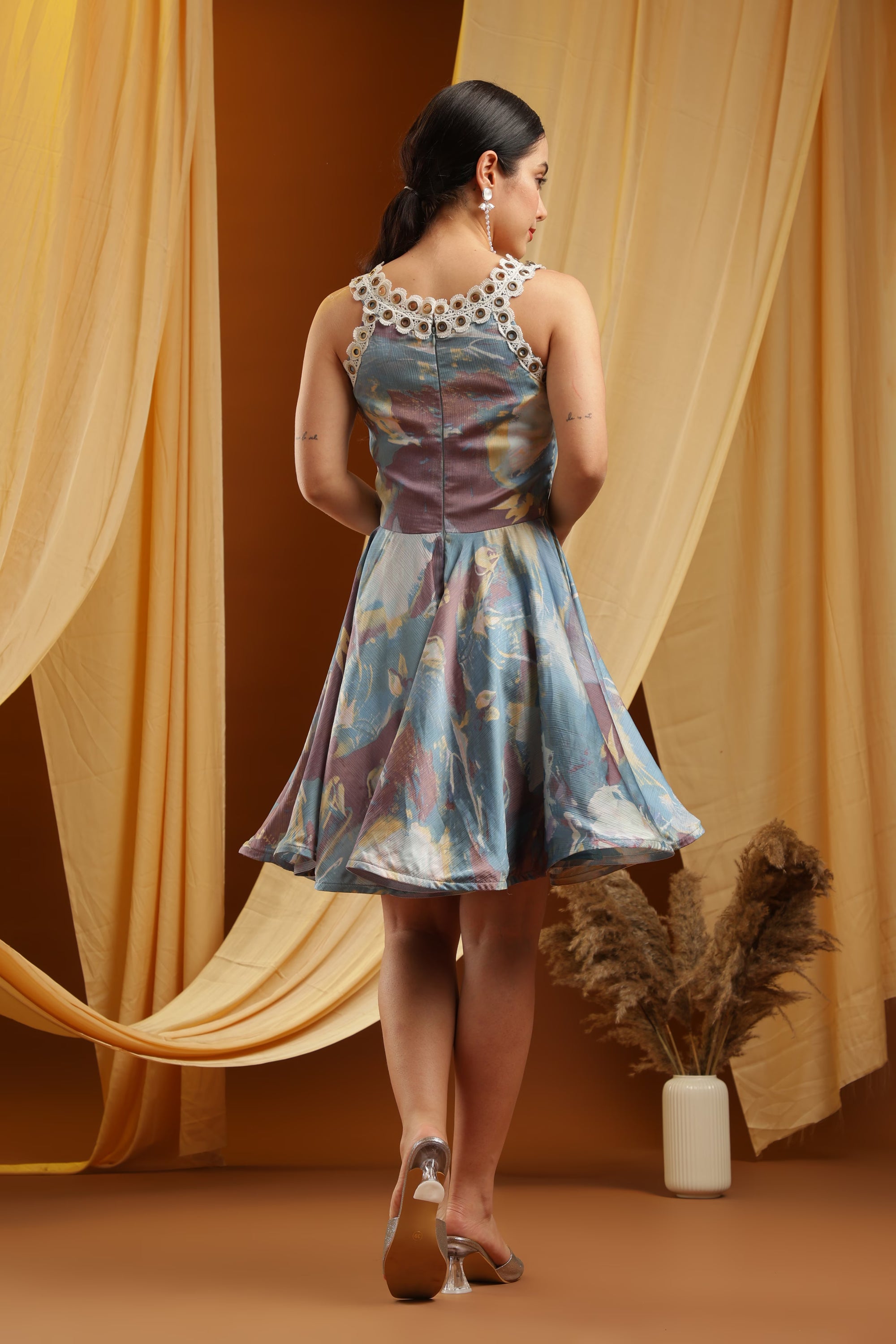 Printed Fit and Flare Dress with Lace Trims