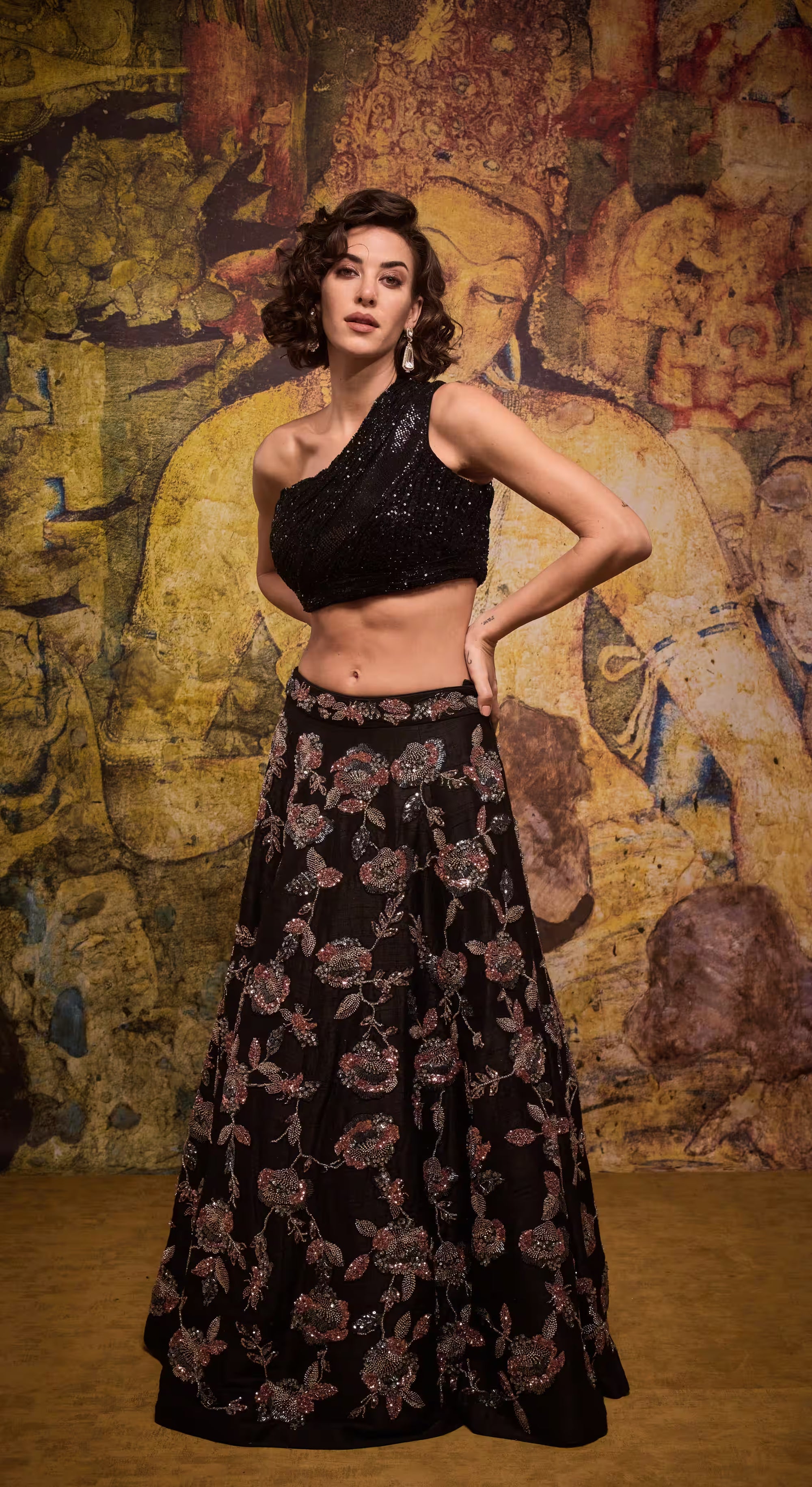 Midnight Blossom One-Shoulder Sequined Crop Top & Floral Embroidered Lehenga