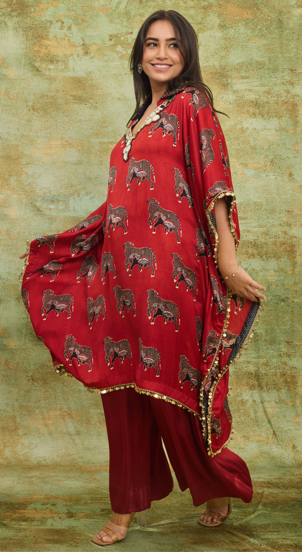 Scarlet Ajrakh Cow print Kaftan Set