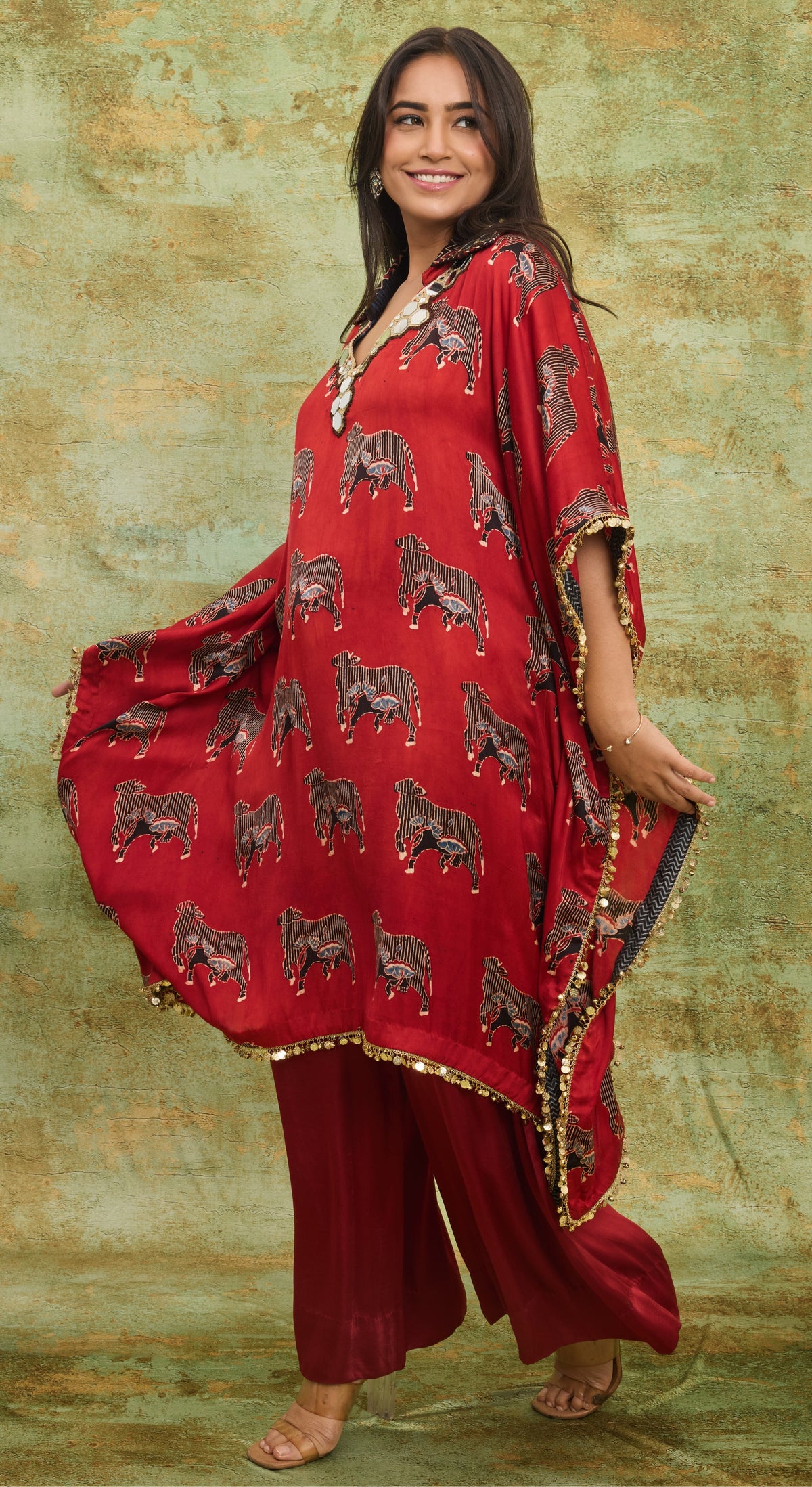 Scarlet Ajrakh Cow print Kaftan Set