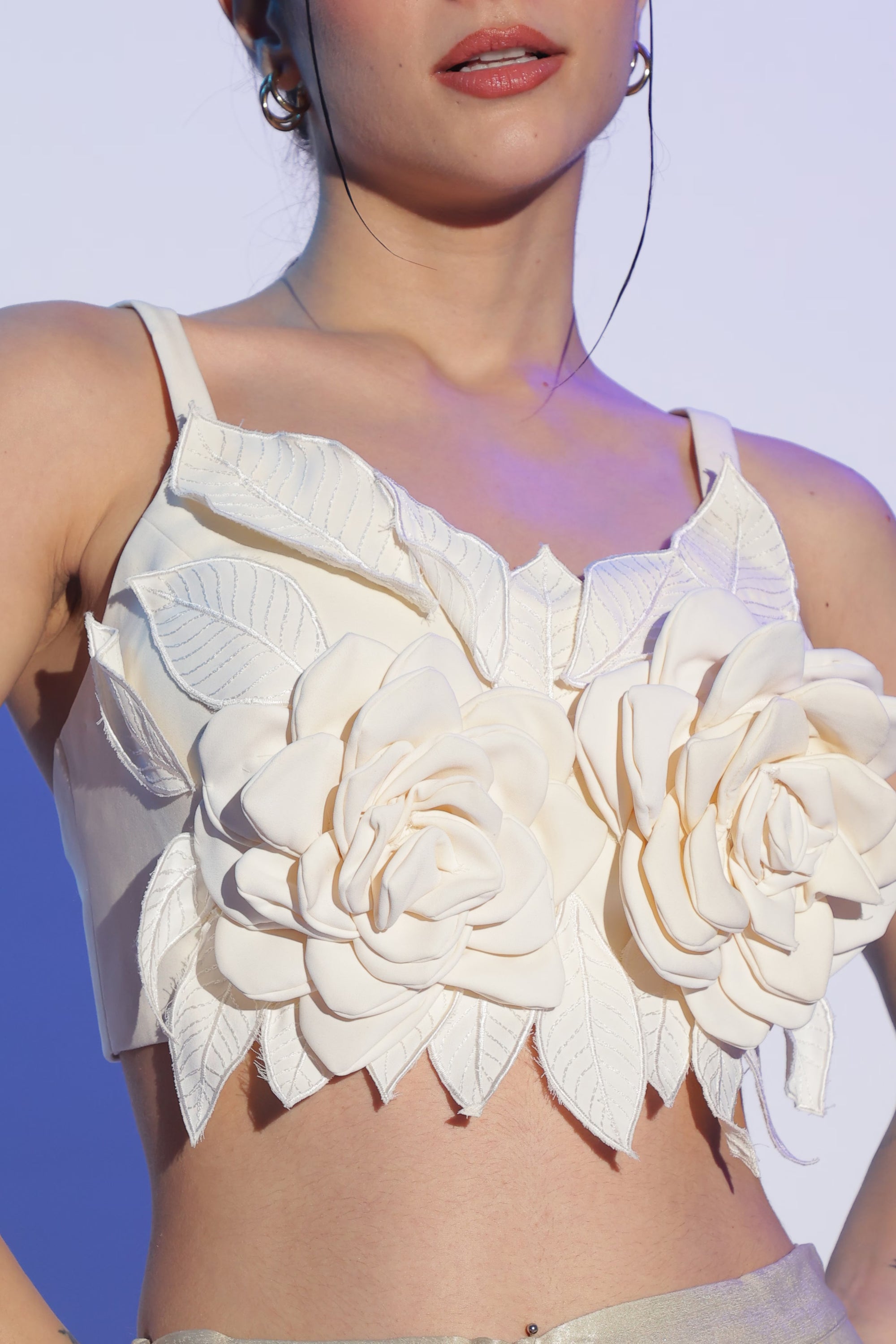 Cream 3D Floral Crop Top and Gold Palazzo
