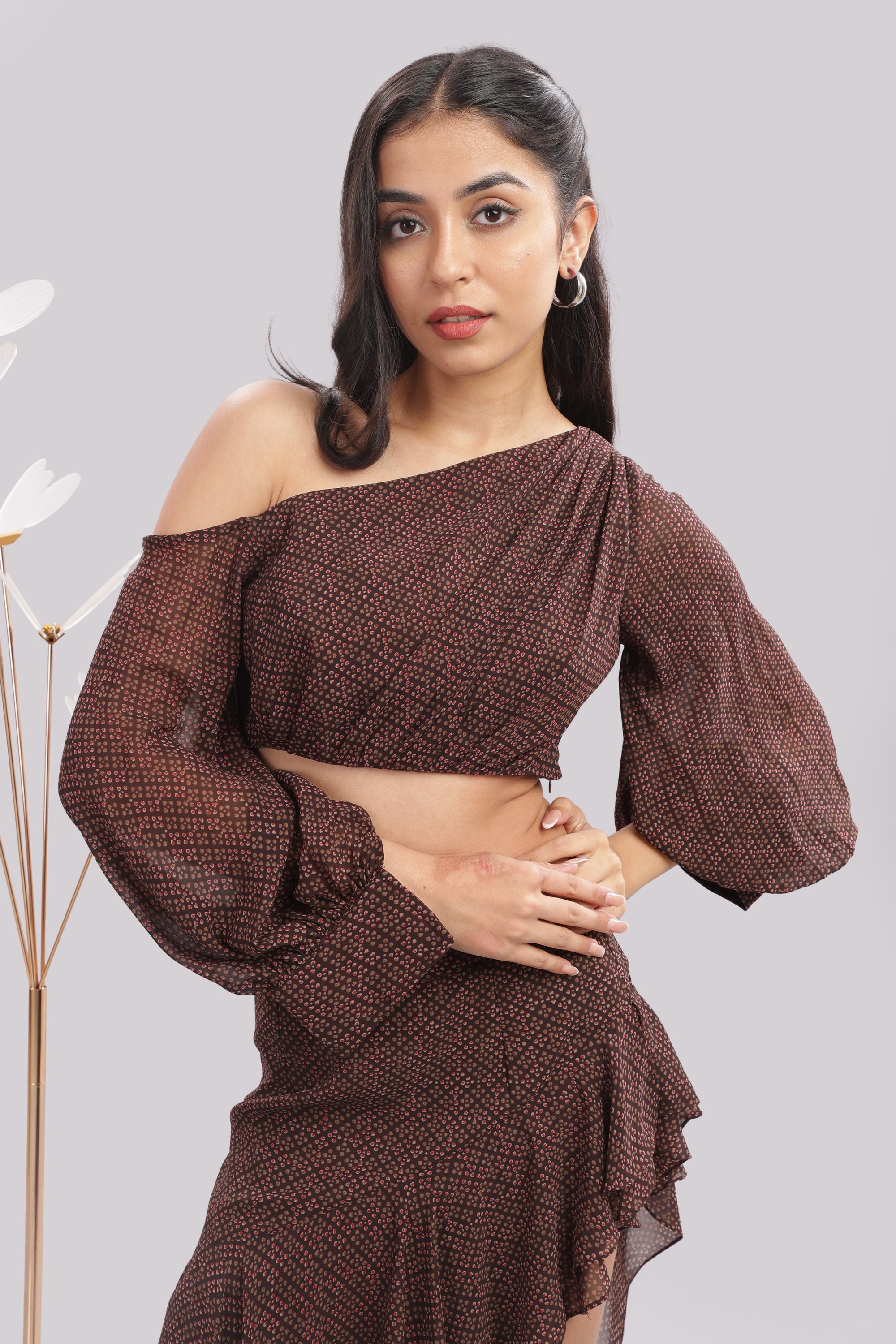 Brown Asymmetric Ruffle Co-Ord Set