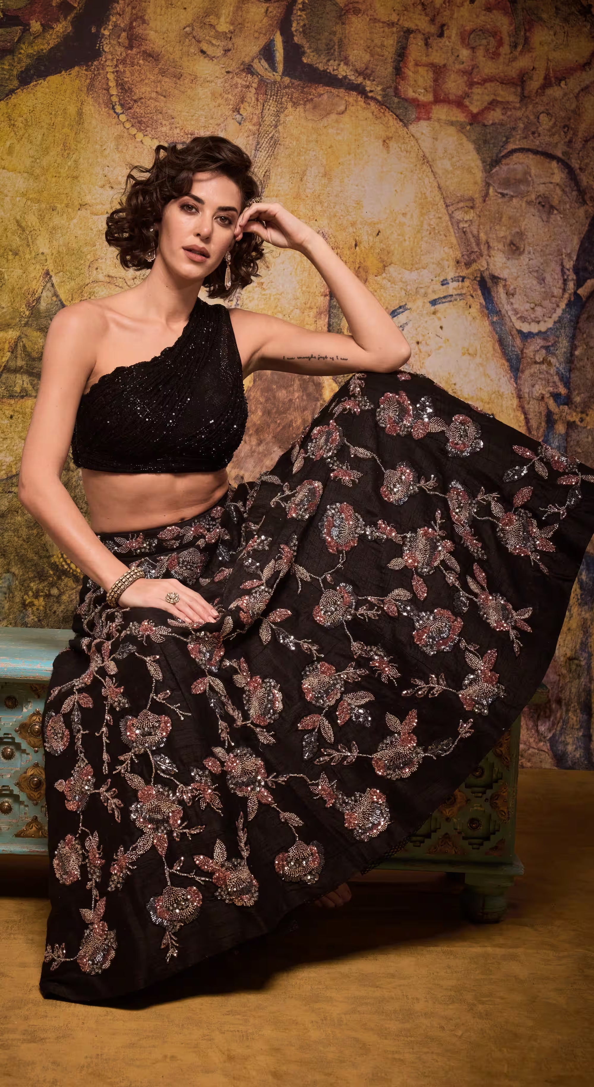 Midnight Blossom One-Shoulder Sequined Crop Top & Floral Embroidered Lehenga
