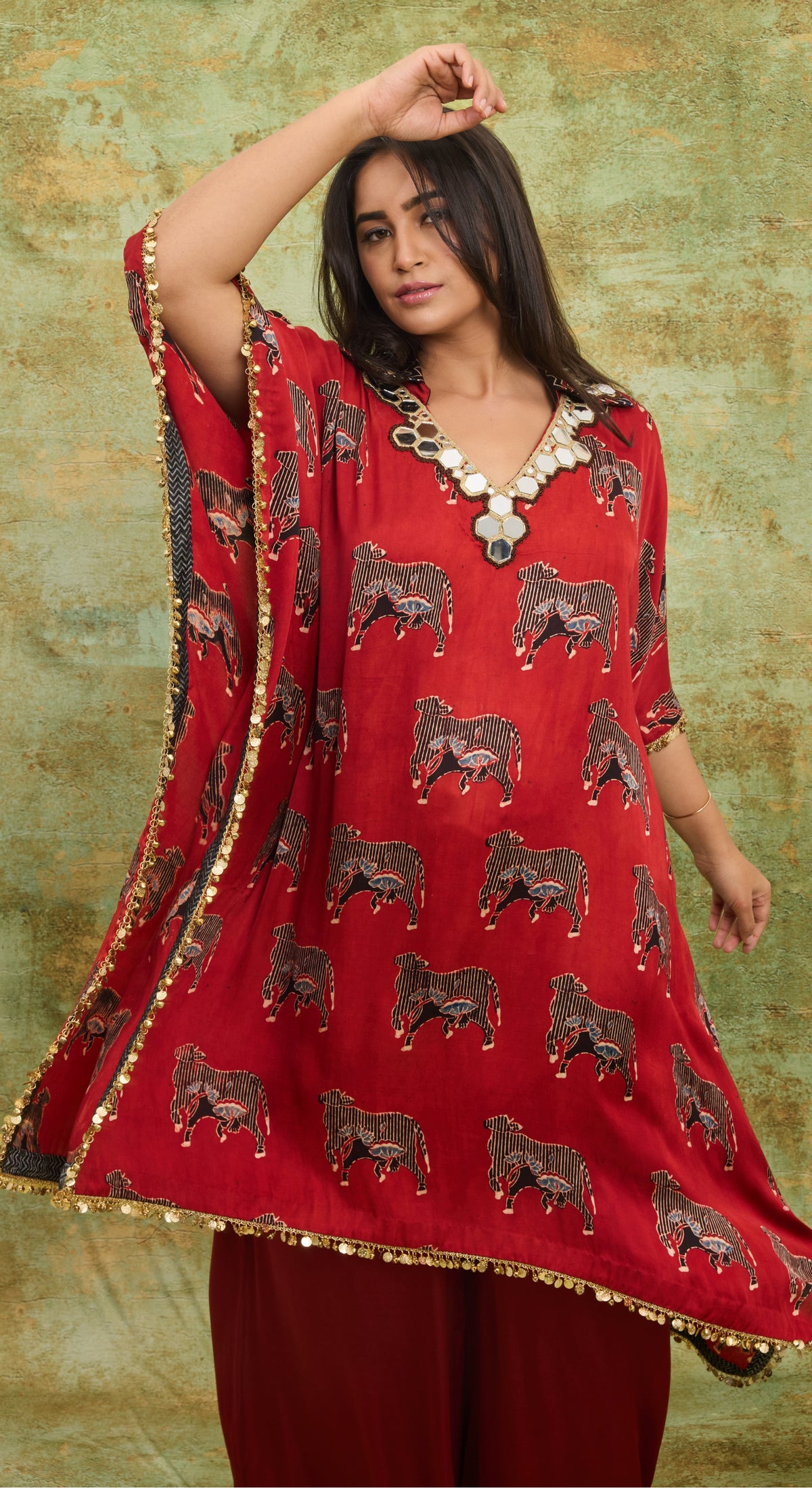Scarlet Ajrakh Cow print Kaftan Set