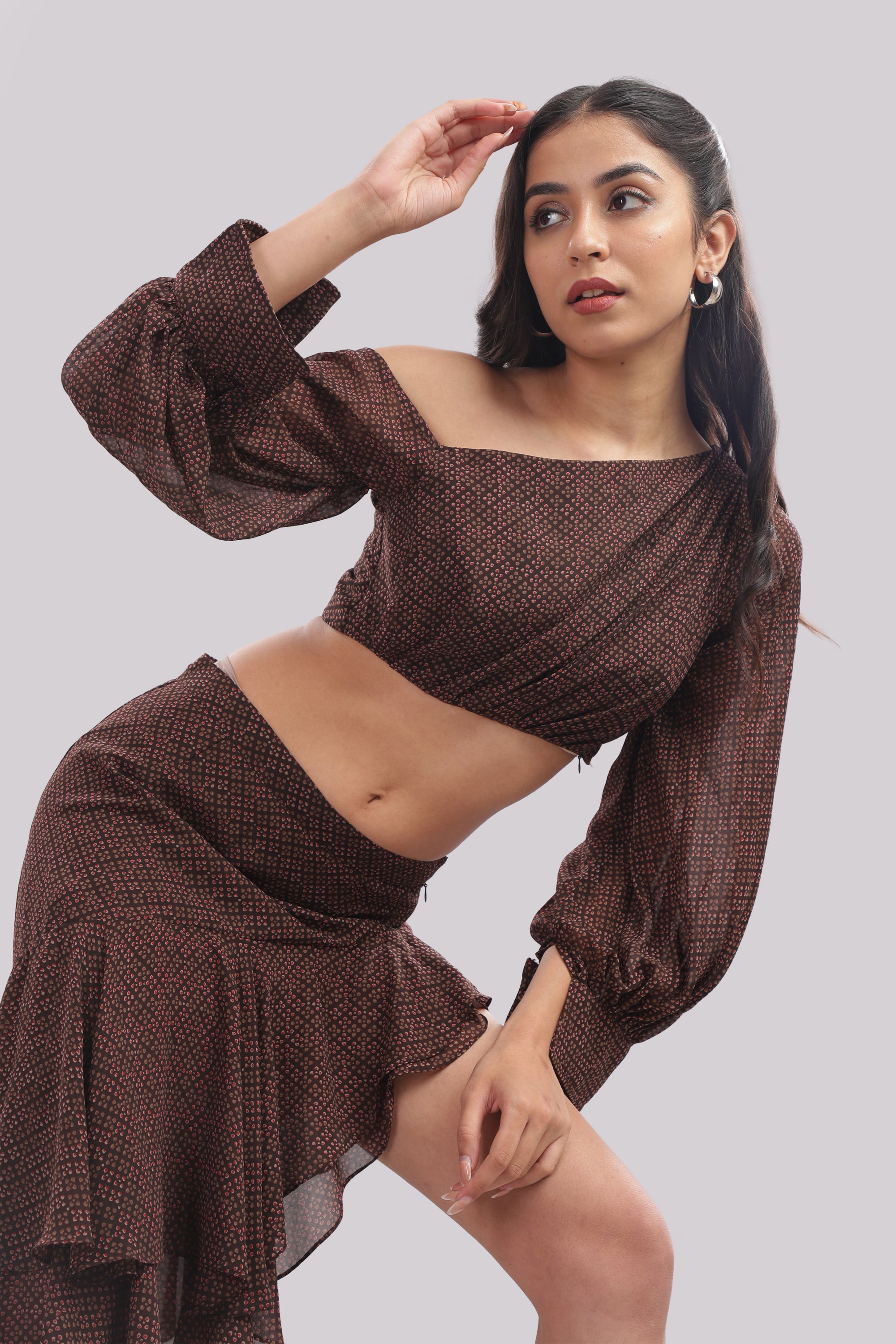 Brown Asymmetric Ruffle Co-Ord Set