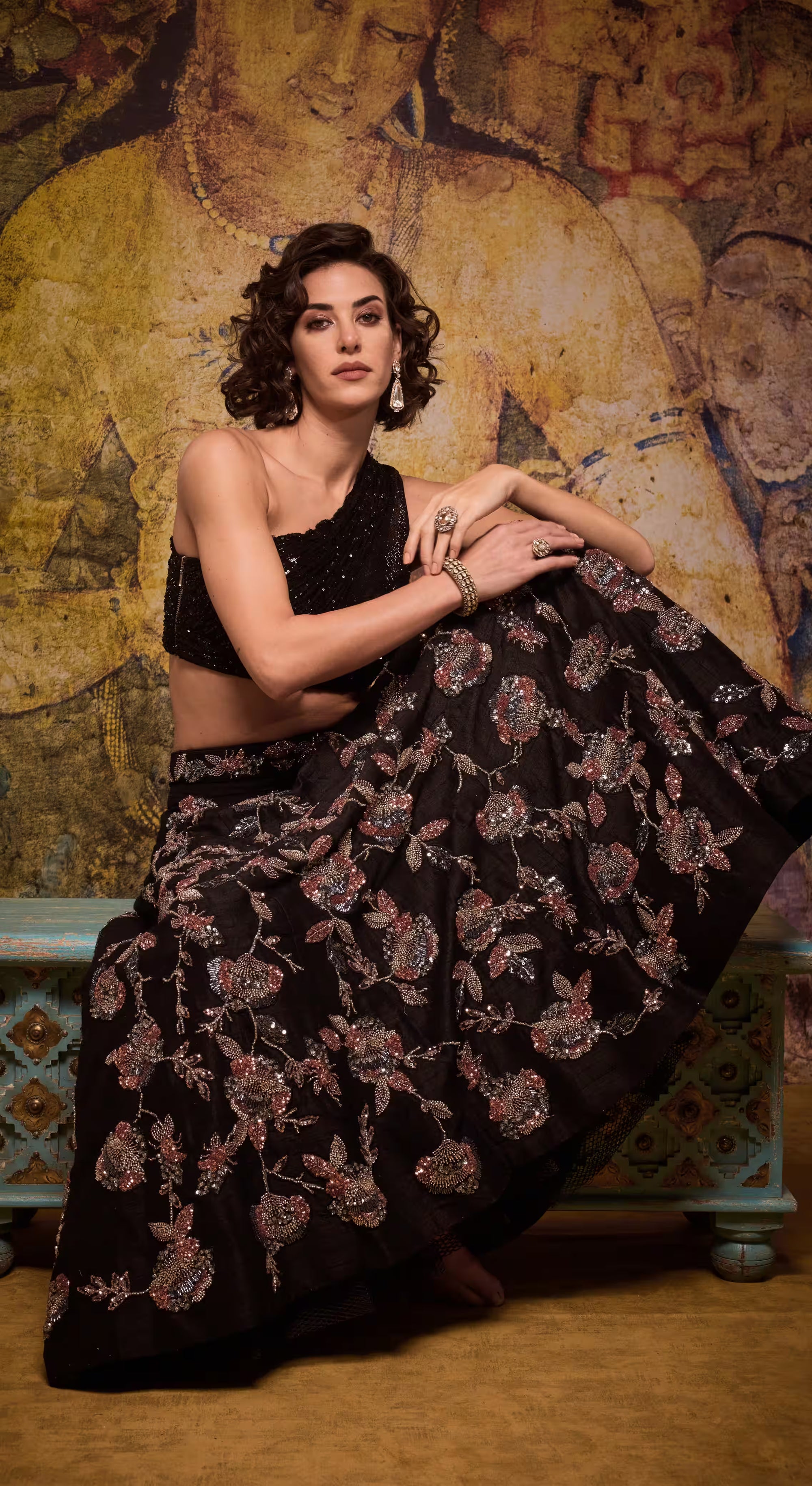 Midnight Blossom One-Shoulder Sequined Crop Top & Floral Embroidered Lehenga