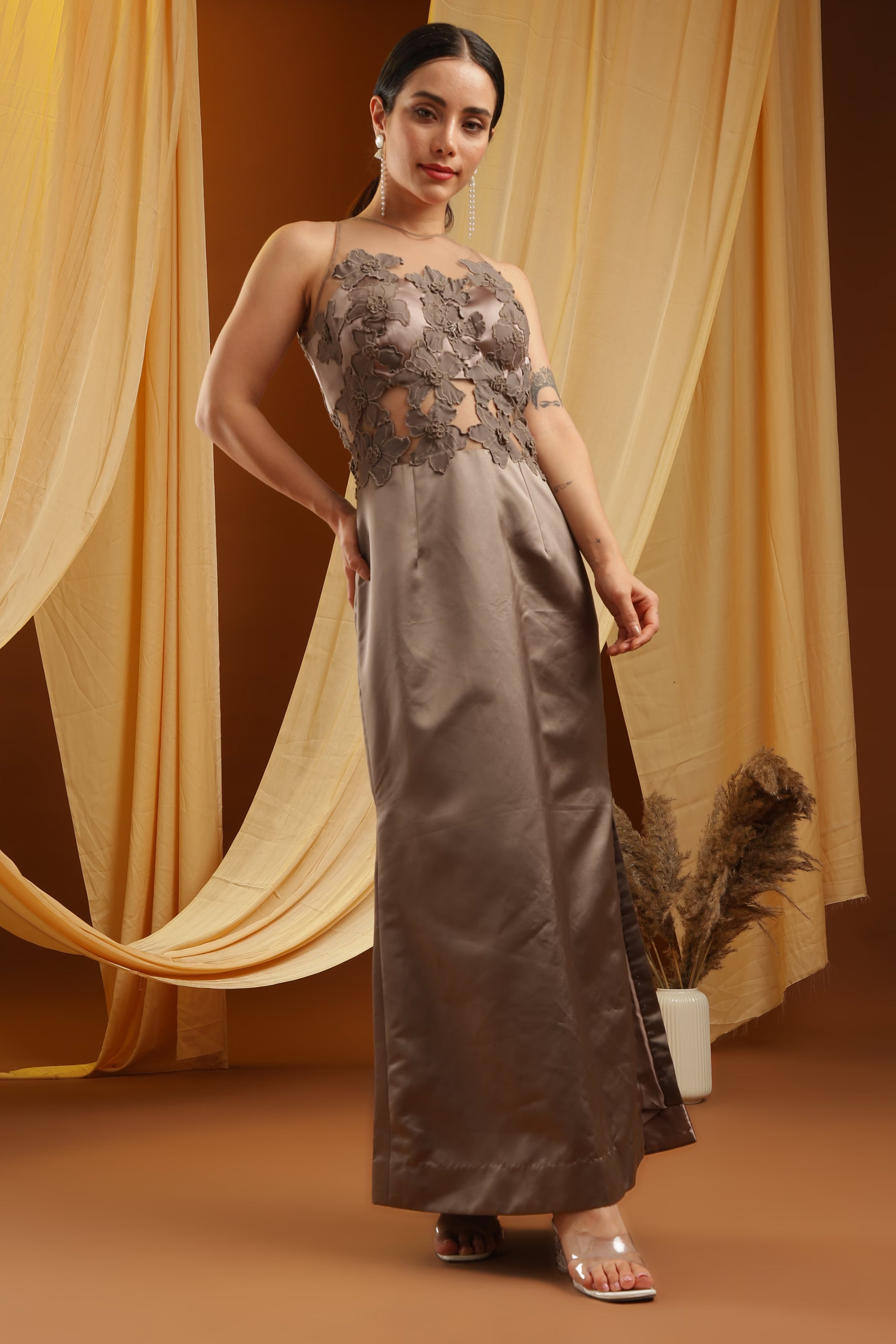 Mocha Floral Appliqué Satin Gown
