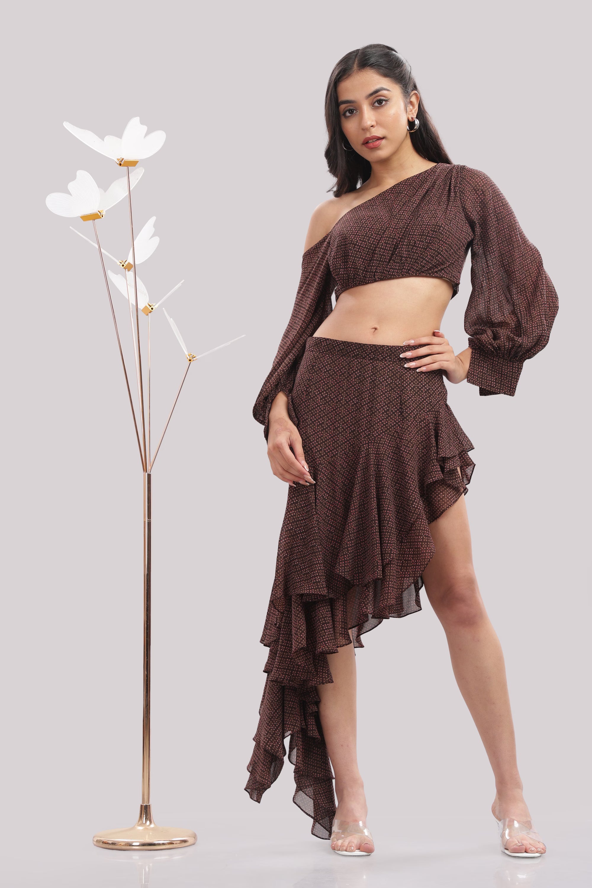 Brown Asymmetric Ruffle Co-Ord Set