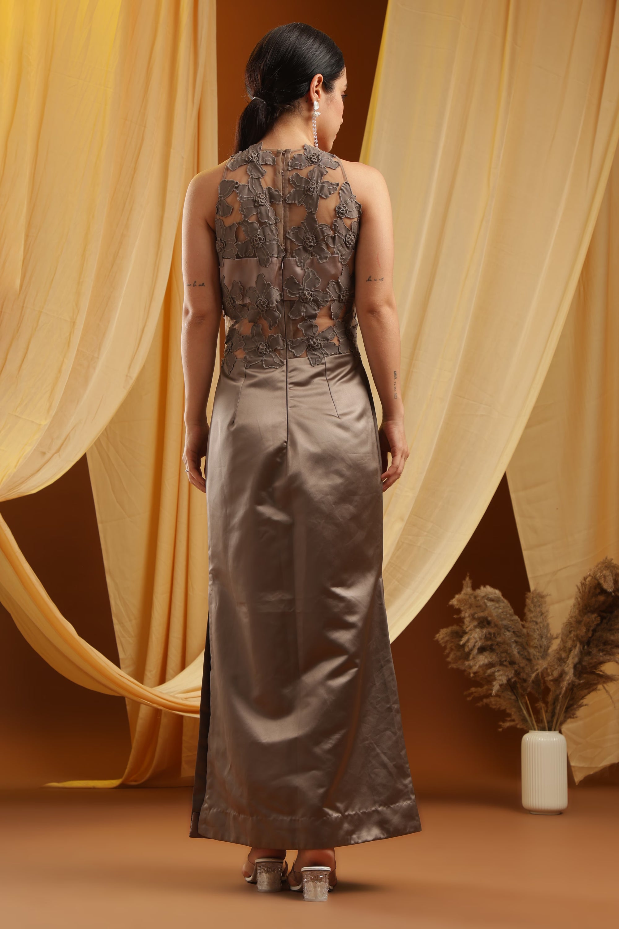 Mocha Floral Appliqué Satin Gown