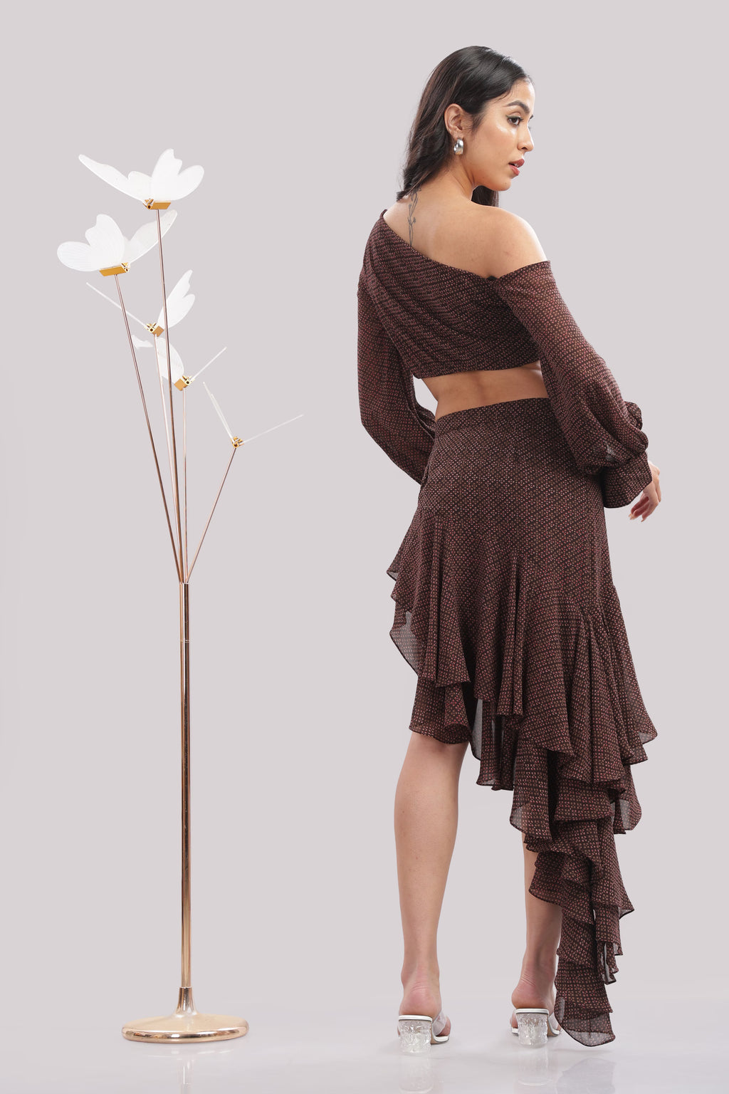 Brown Asymmetric Ruffle Co-Ord Set