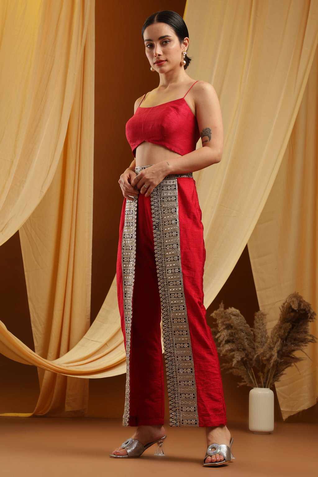 Red Cropped Top and Embroidered Pants