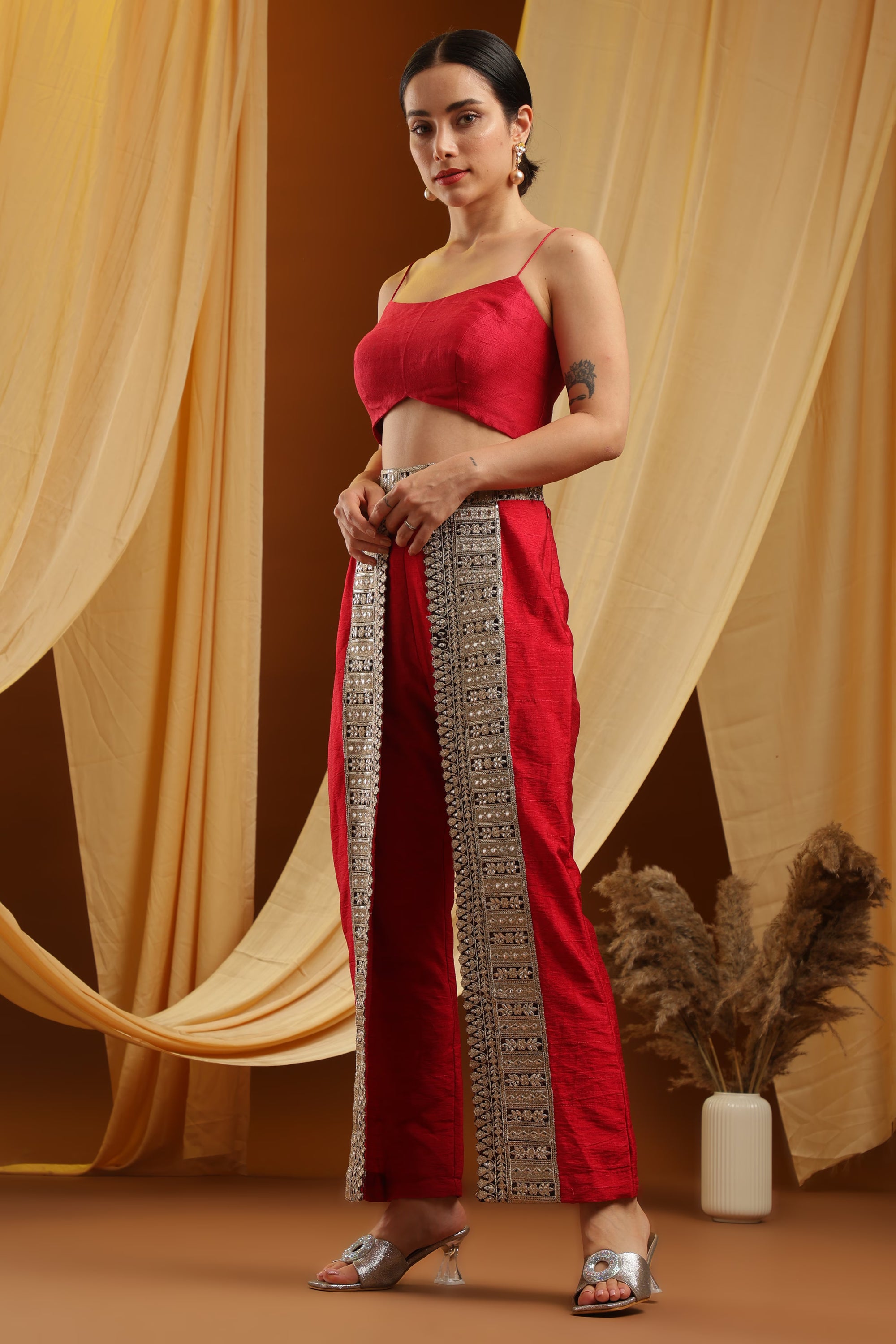 Red Cropped Top and Embroidered Pants