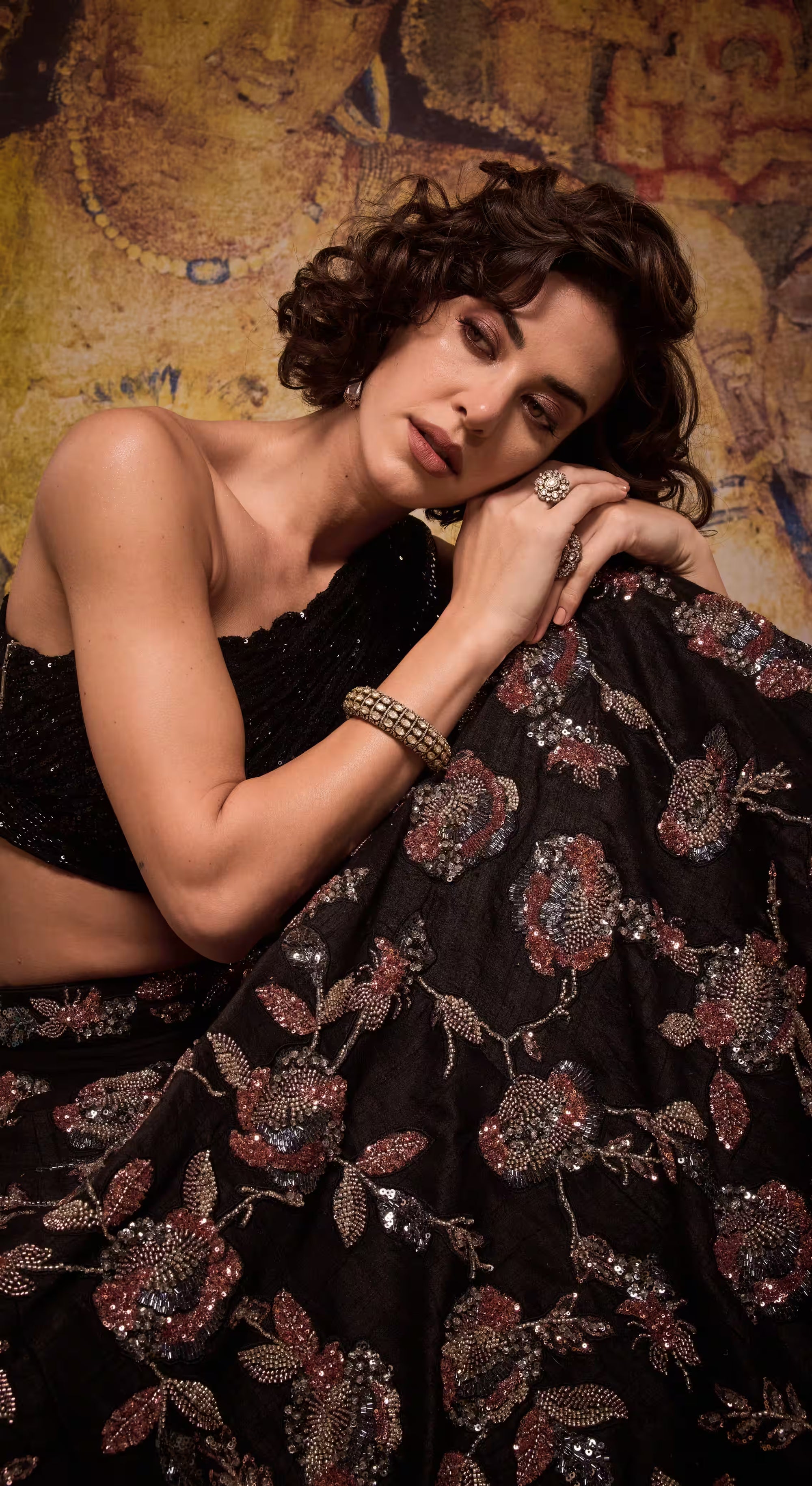 Midnight Blossom One-Shoulder Sequined Crop Top & Floral Embroidered Lehenga