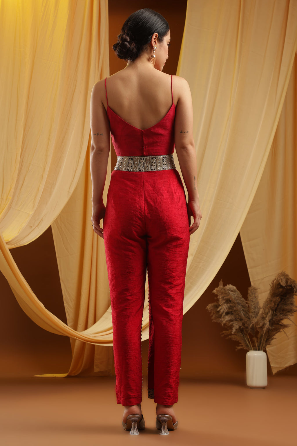 Red Cropped Top and Embroidered Pants