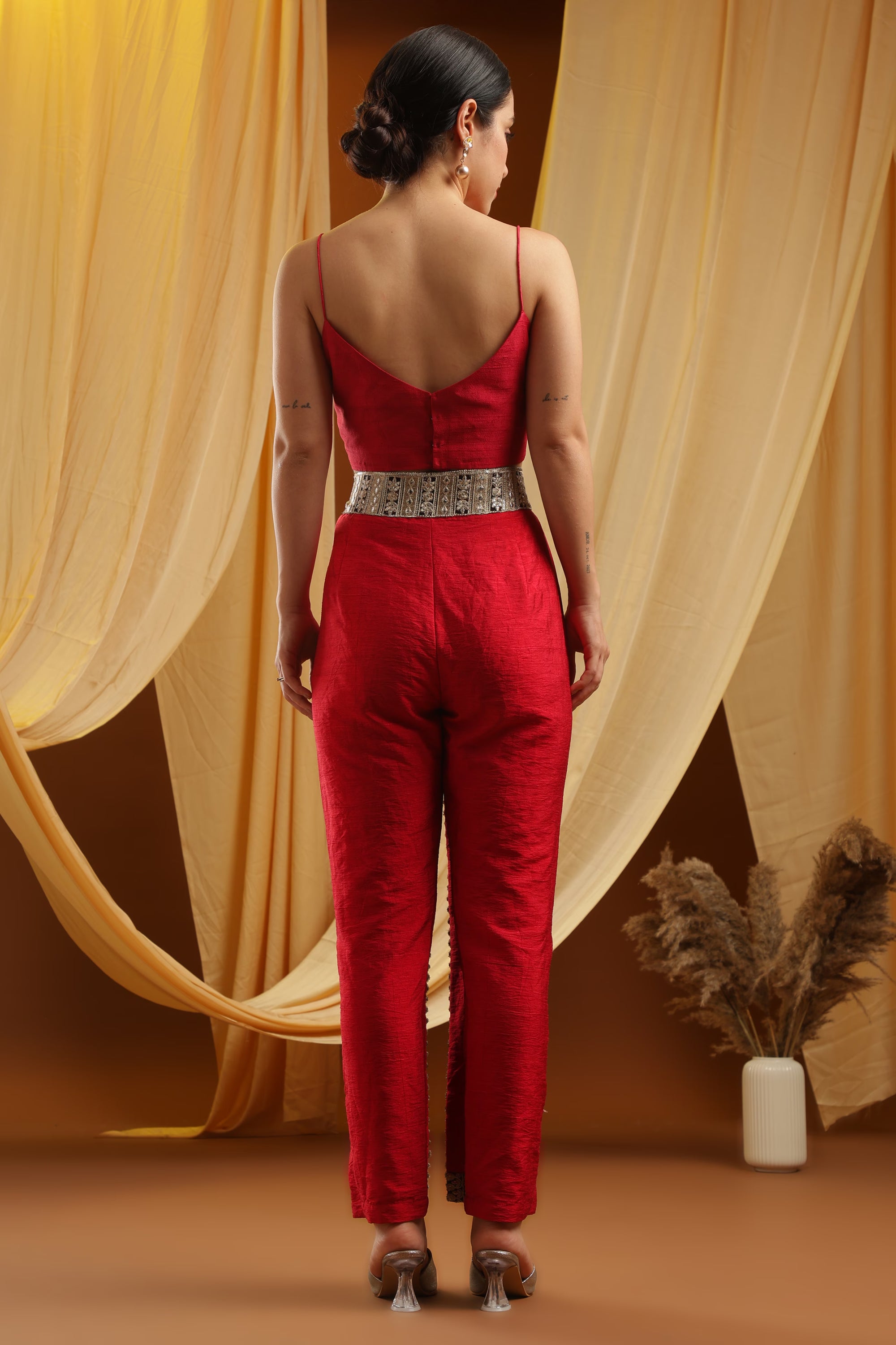 Red Cropped Top and Embroidered Pants