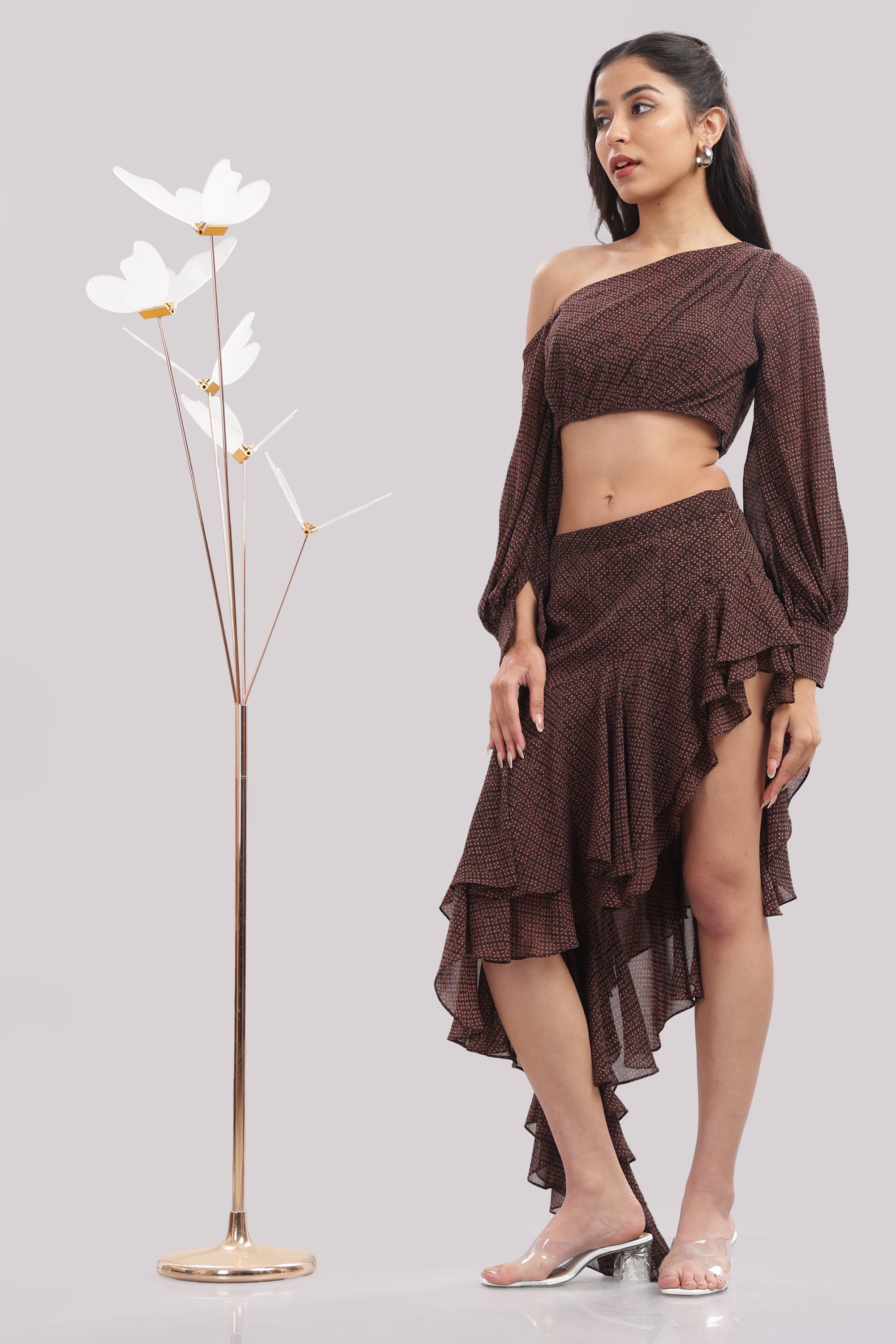 Brown Asymmetric Ruffle Co-Ord Set