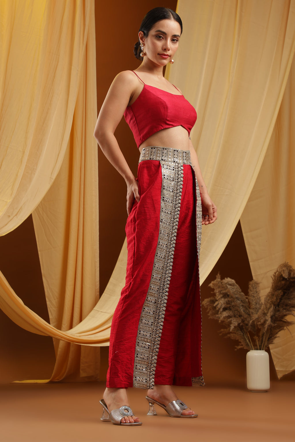 Red Cropped Top and Embroidered Pants