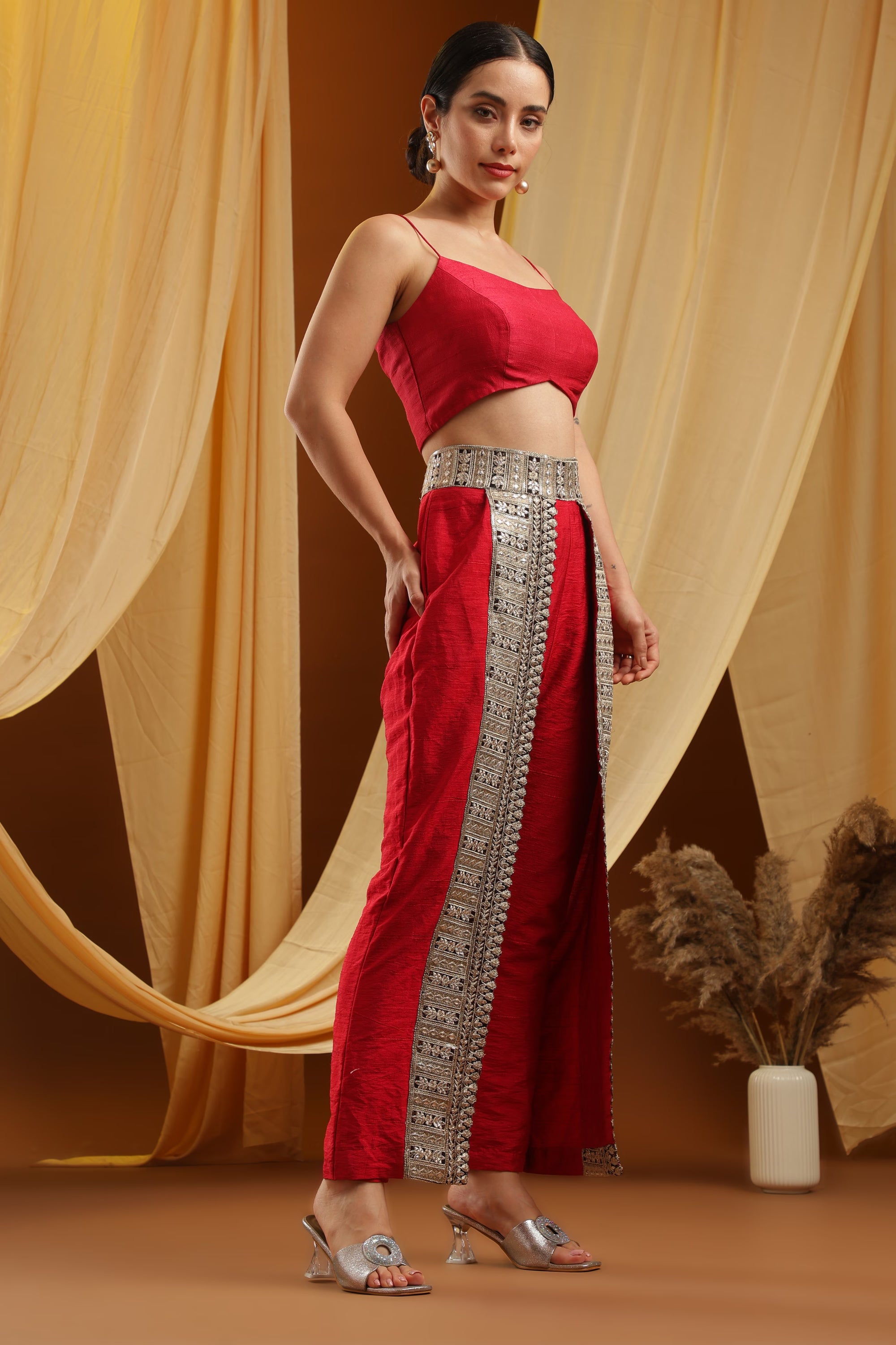 Red Cropped Top and Embroidered Pants