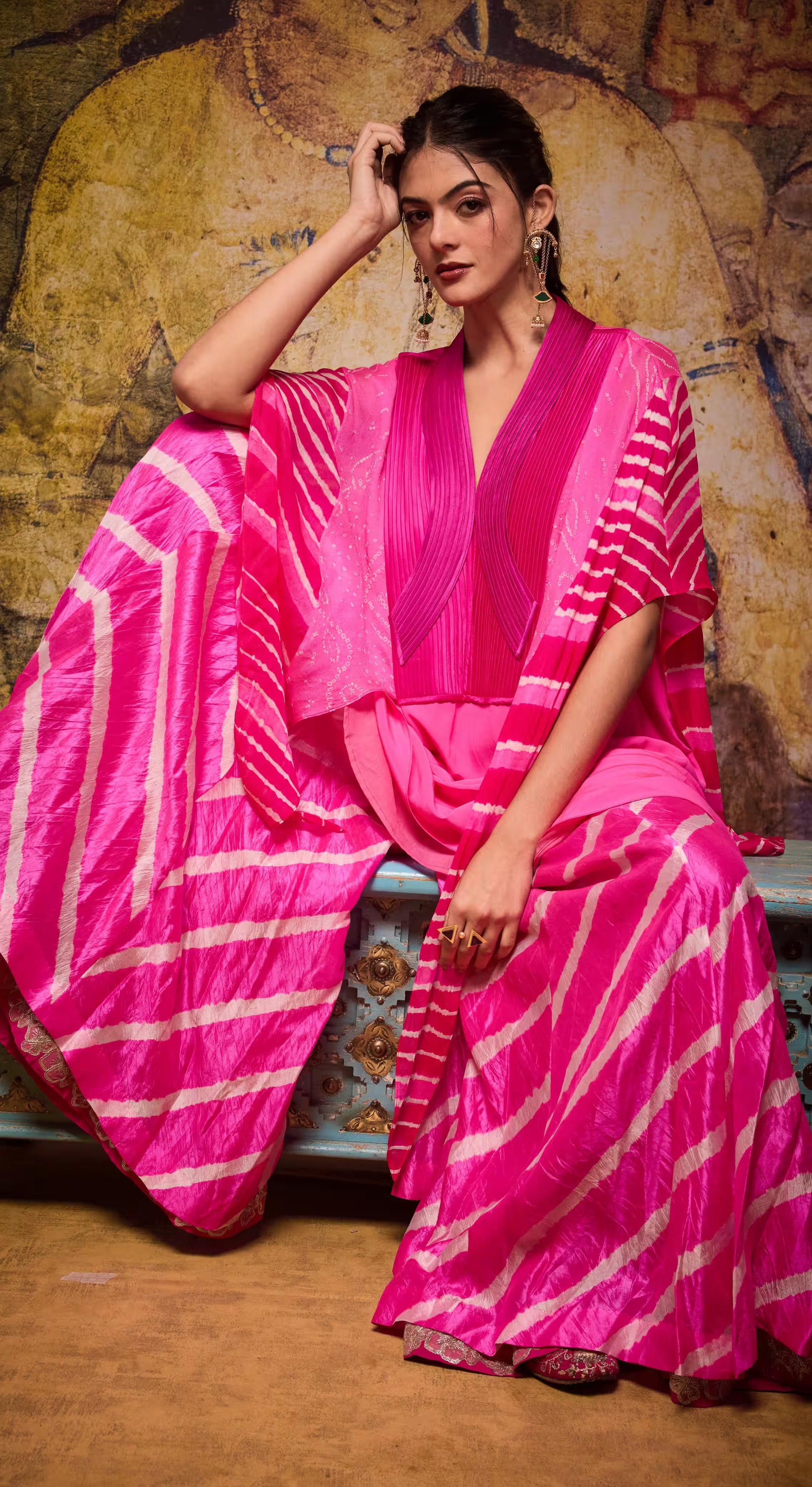 Fuchsia Bandhani Cape Tunic Set