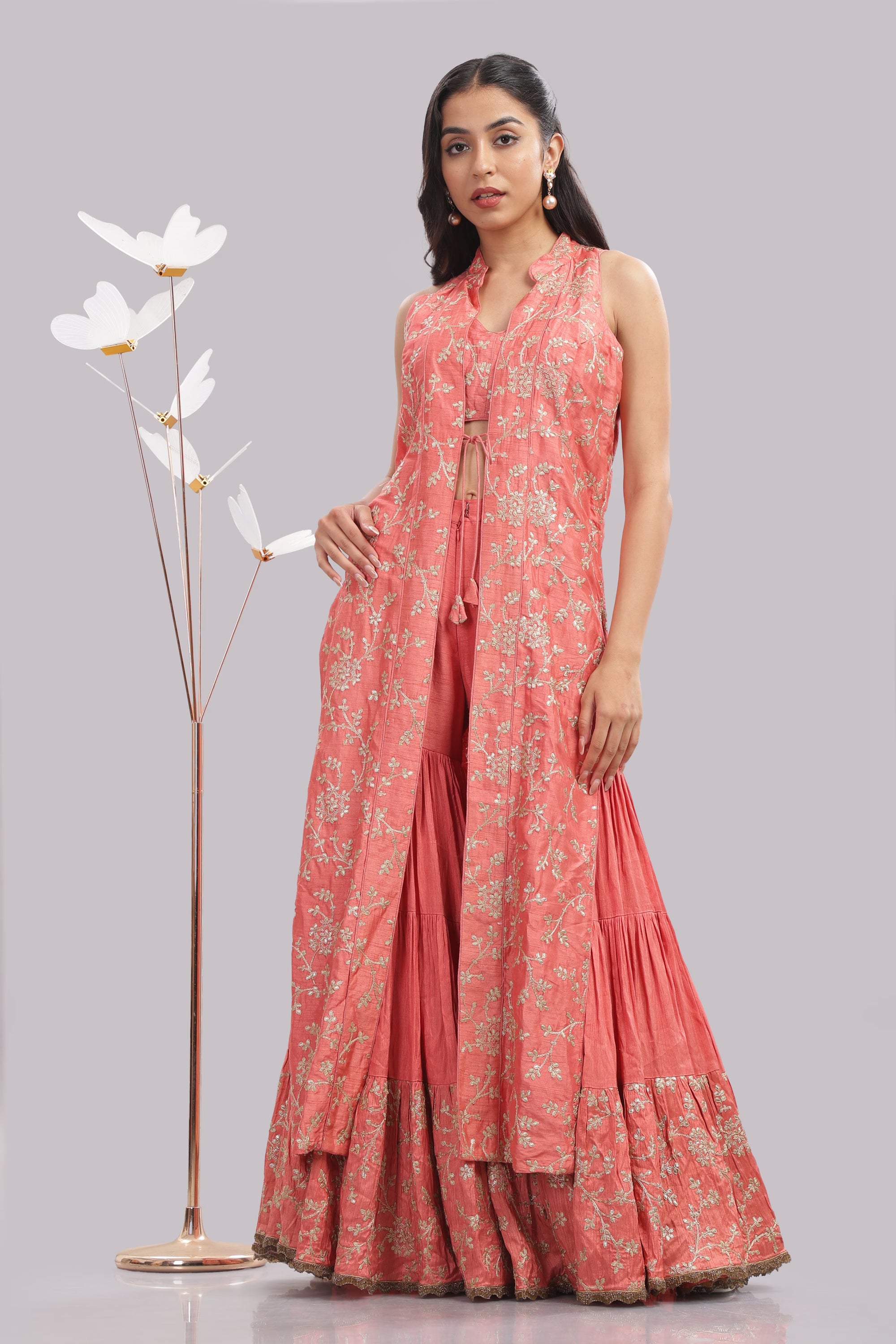 Coral Gold-Embroidered Palazzo Set