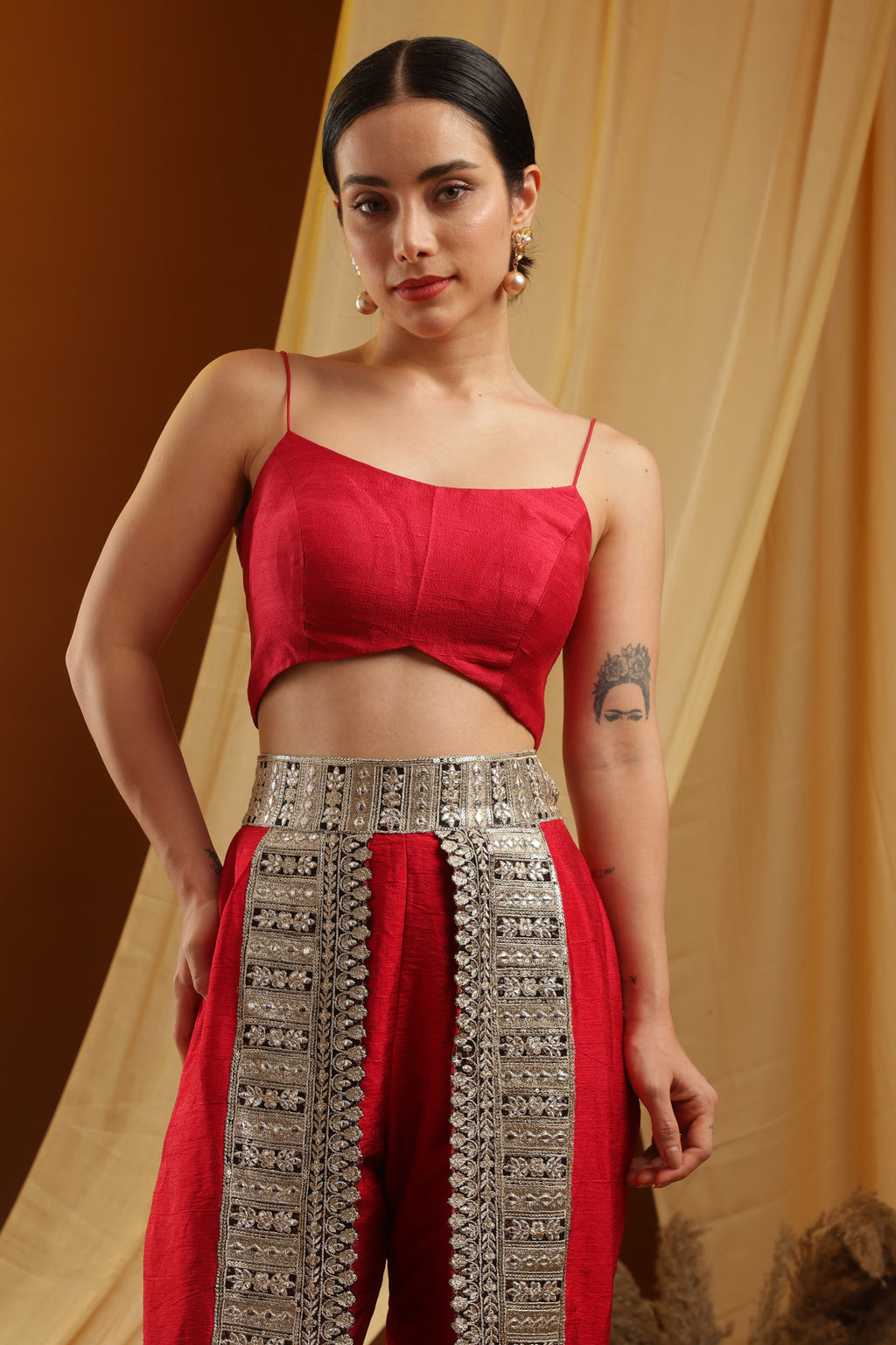 Red Cropped Top and Embroidered Pants