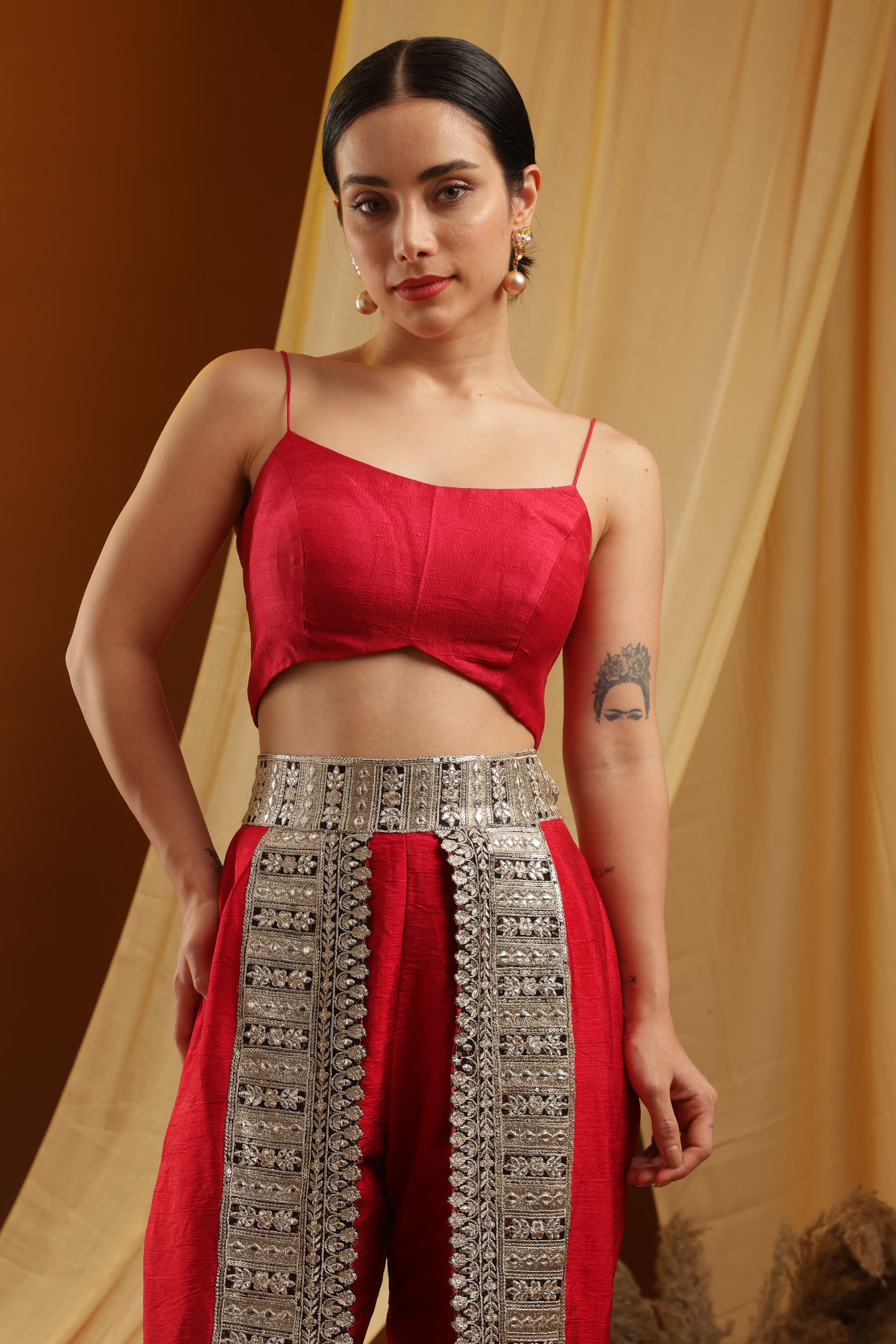 Red Cropped Top and Embroidered Pants