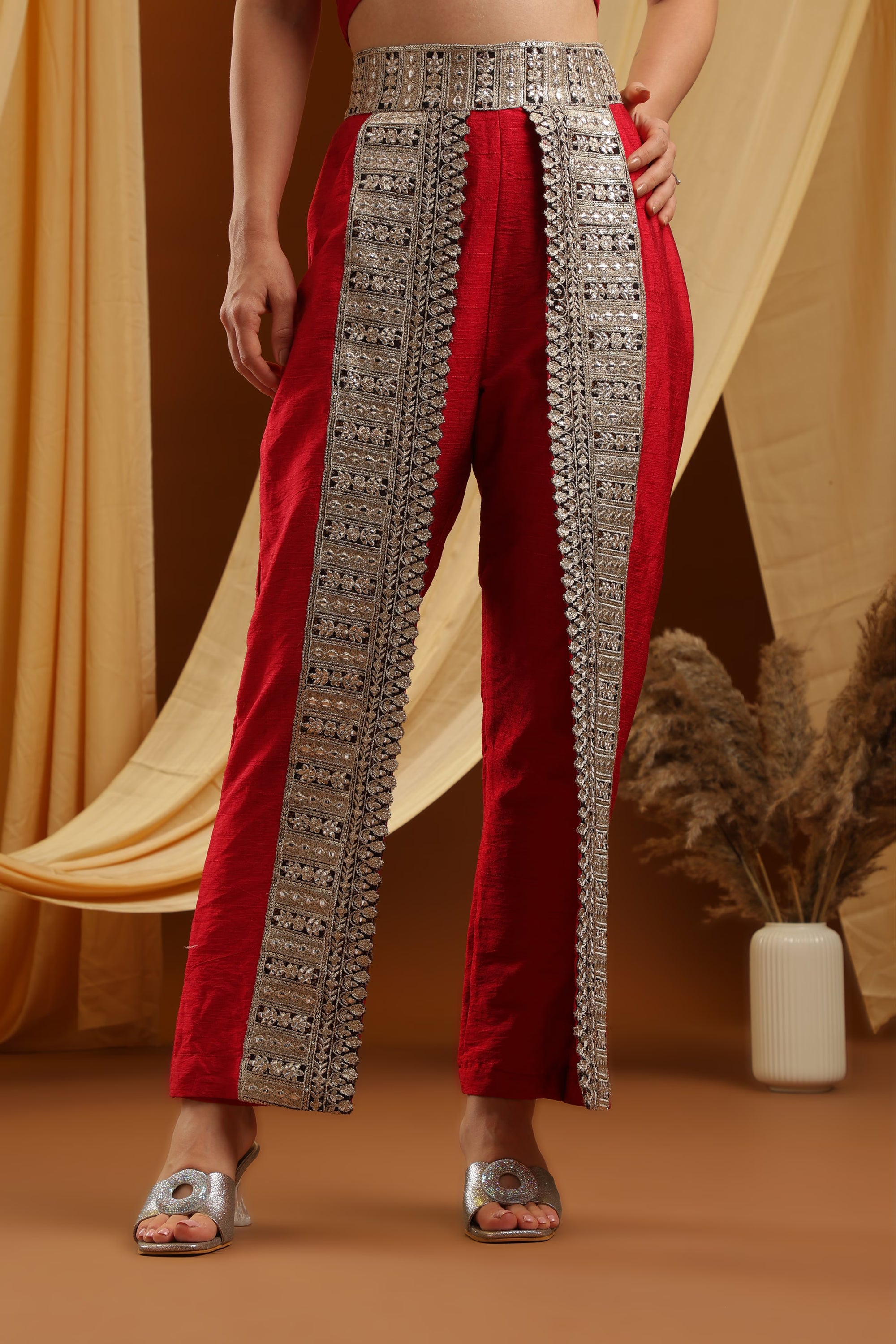 Red Cropped Top and Embroidered Pants