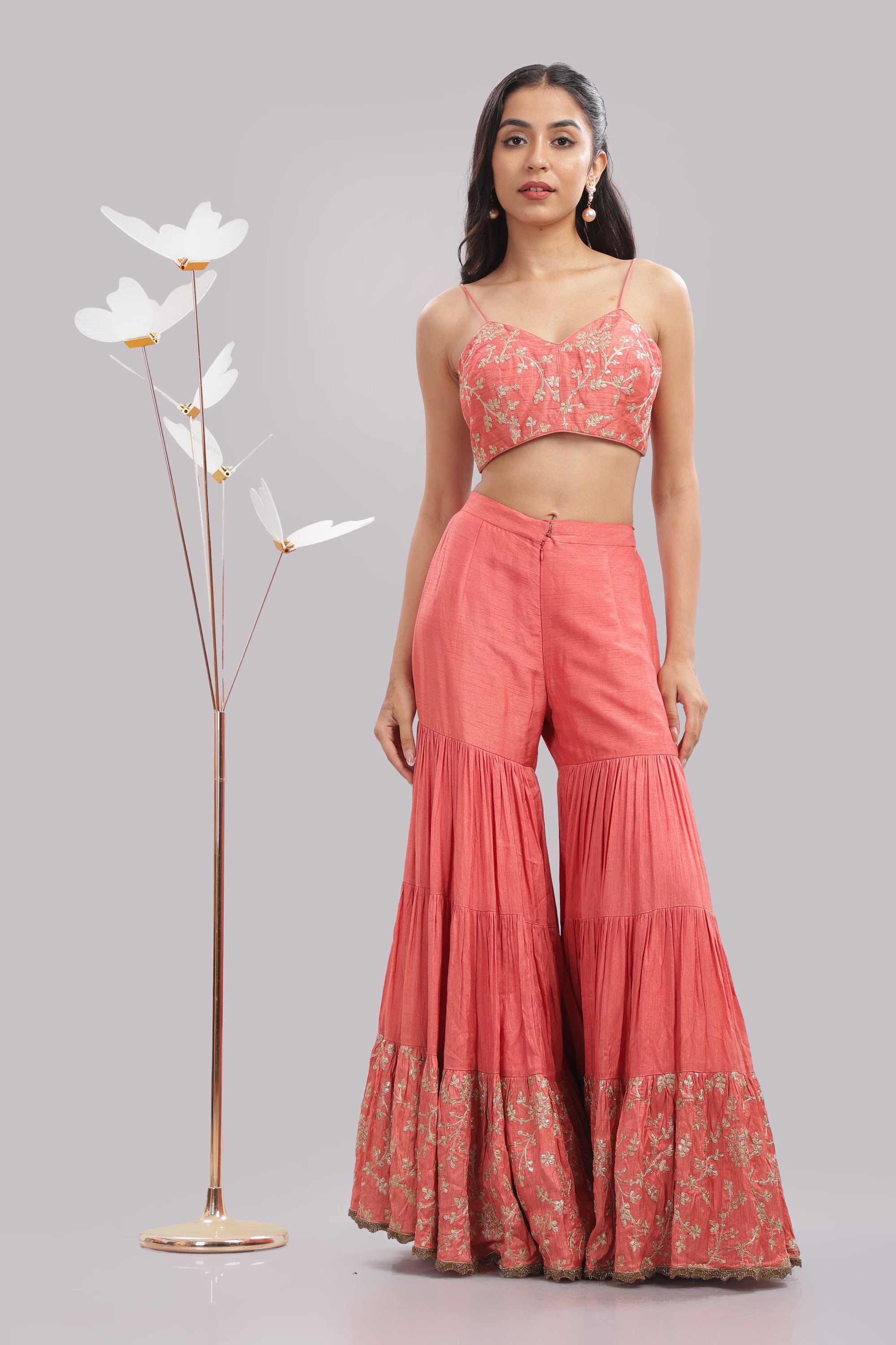 Coral Gold-Embroidered Palazzo Set