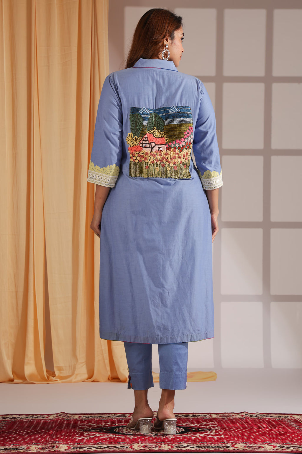 Countryside Embroidery Sky-Blue Tunic Ensemble