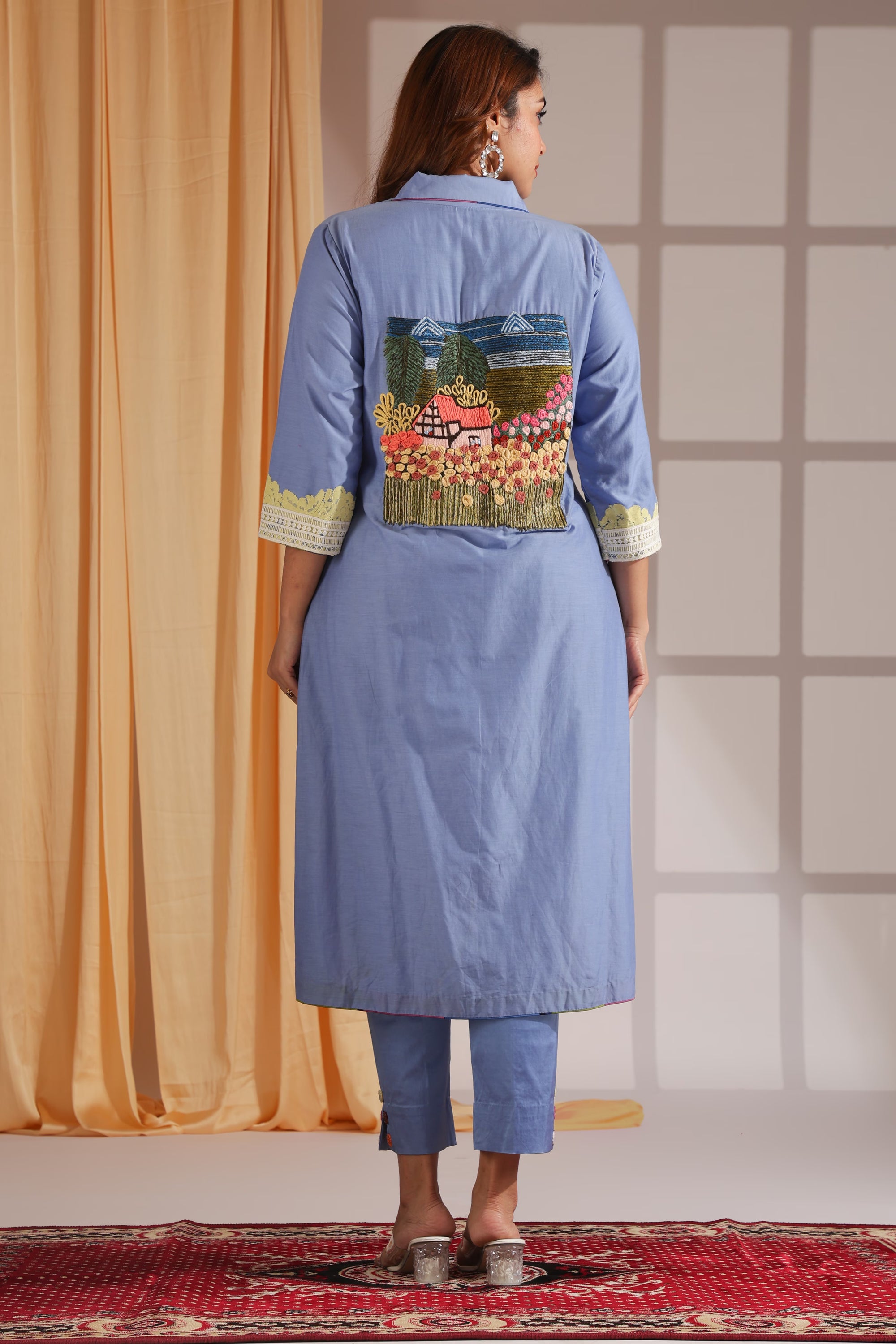 Countryside Embroidery Sky-Blue Tunic Ensemble