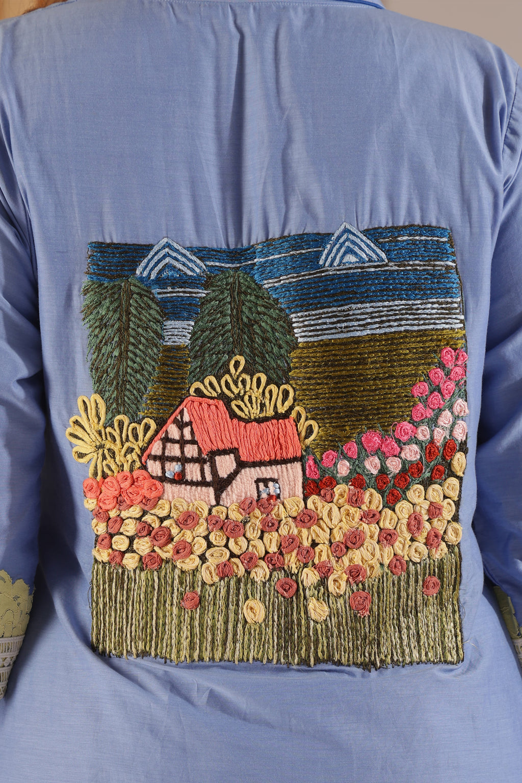 Countryside Embroidery Sky-Blue Tunic Ensemble