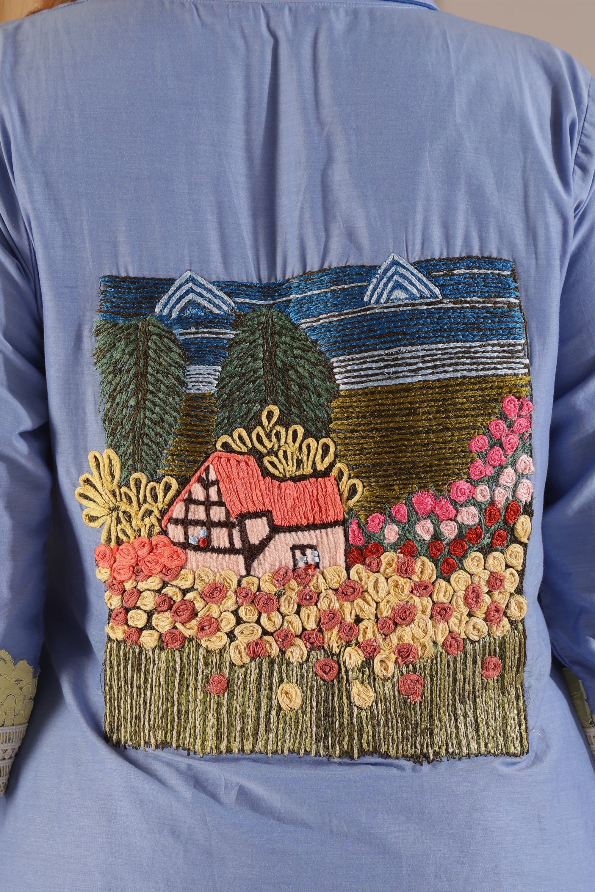 Countryside Embroidery Sky-Blue Tunic Ensemble