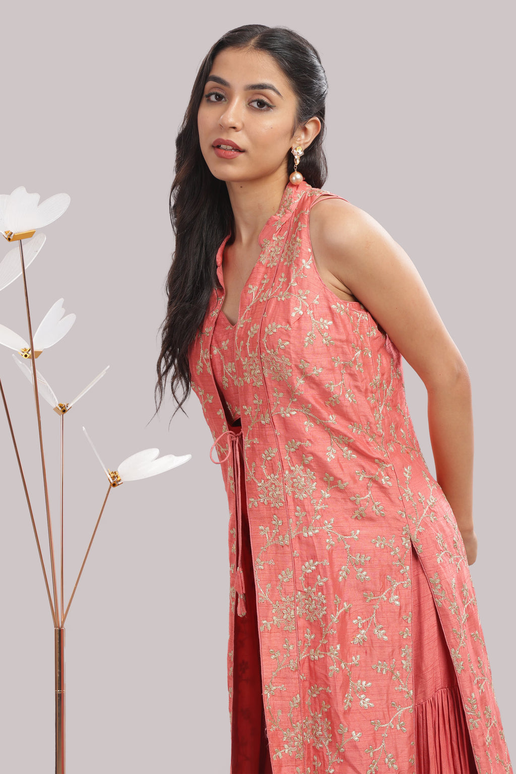 Coral Gold-Embroidered Palazzo Set
