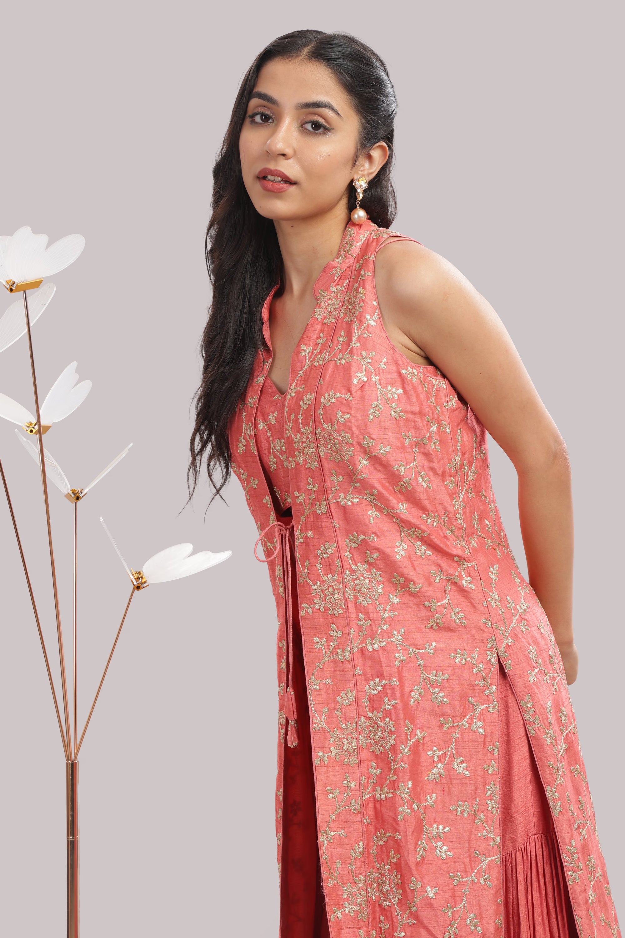Coral Gold-Embroidered Palazzo Set