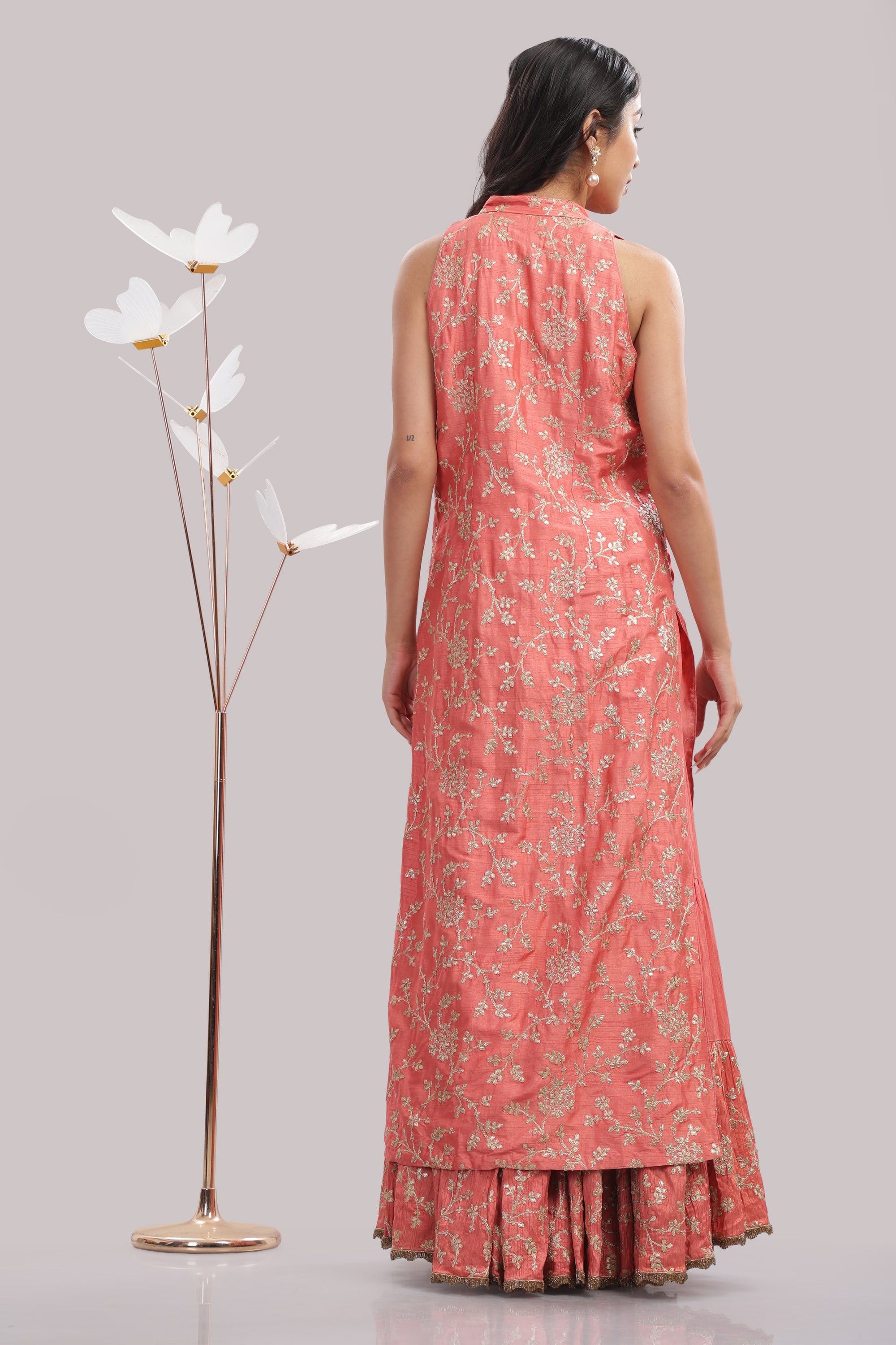 Coral Gold-Embroidered Palazzo Set