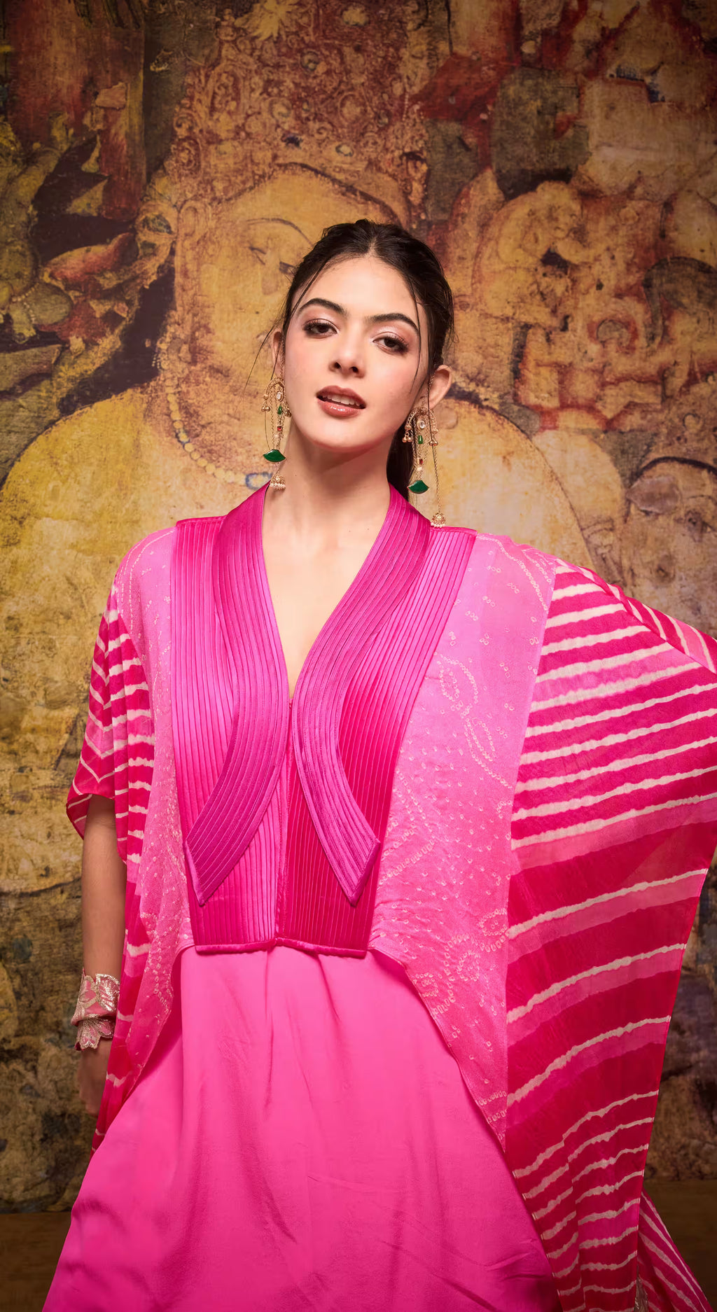 Fuchsia Bandhani Cape Tunic Set